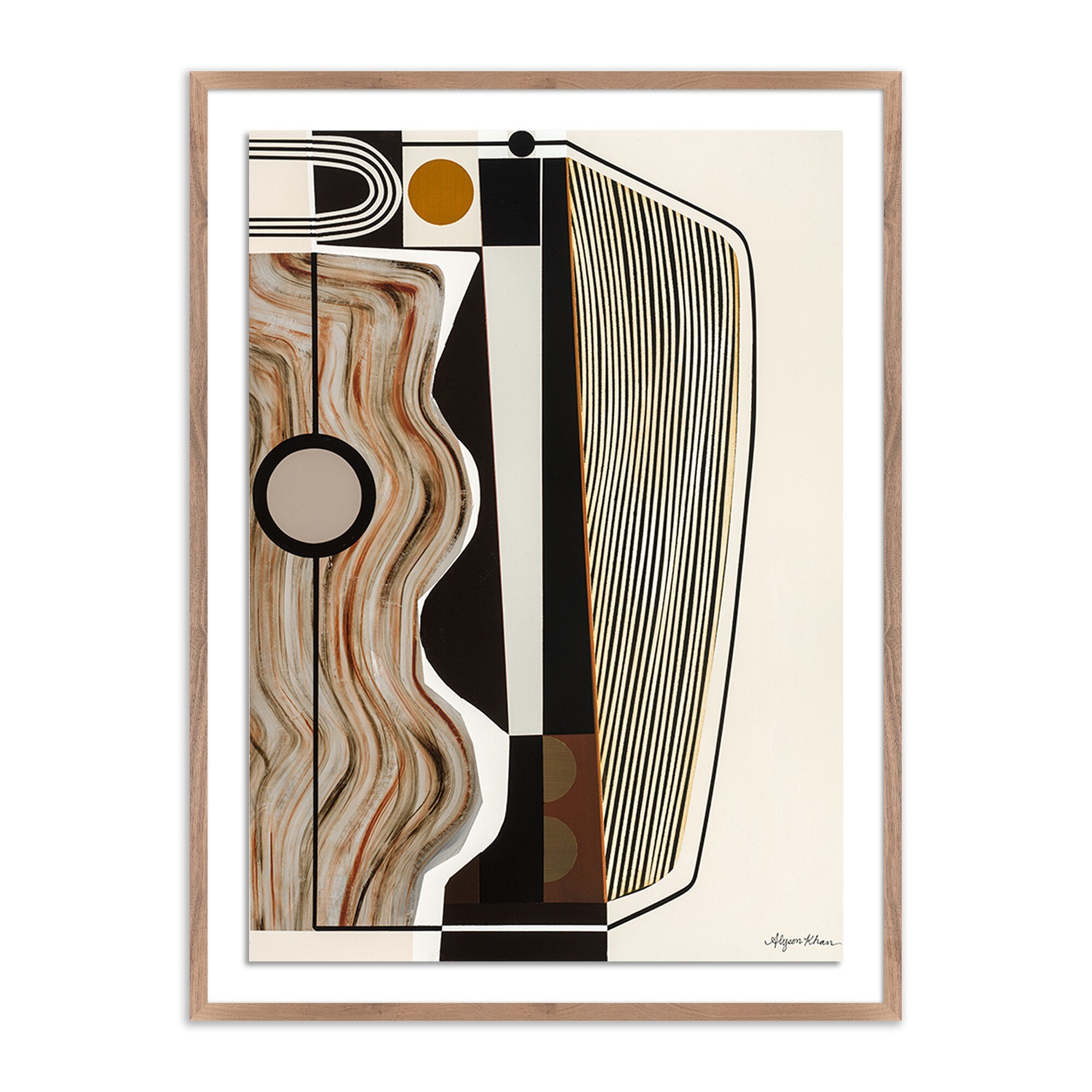 Abstract art print with geometric shapes on a beige background, framed in wood.