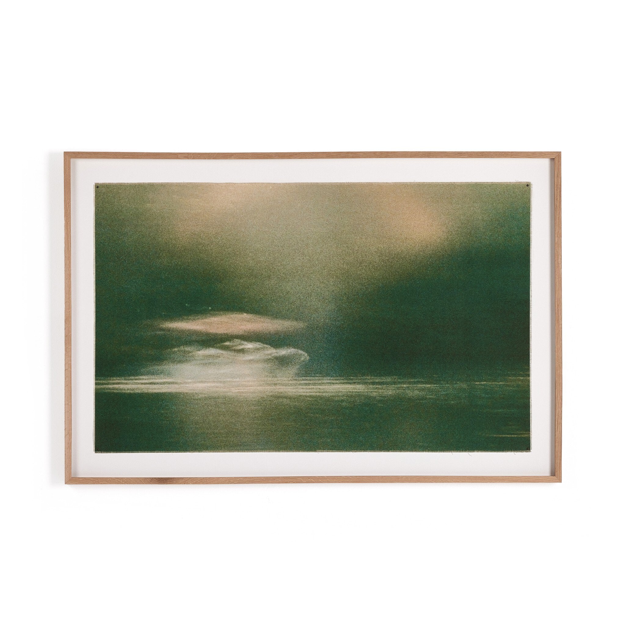 Framed artwork of a landscape with a body of water and sky.