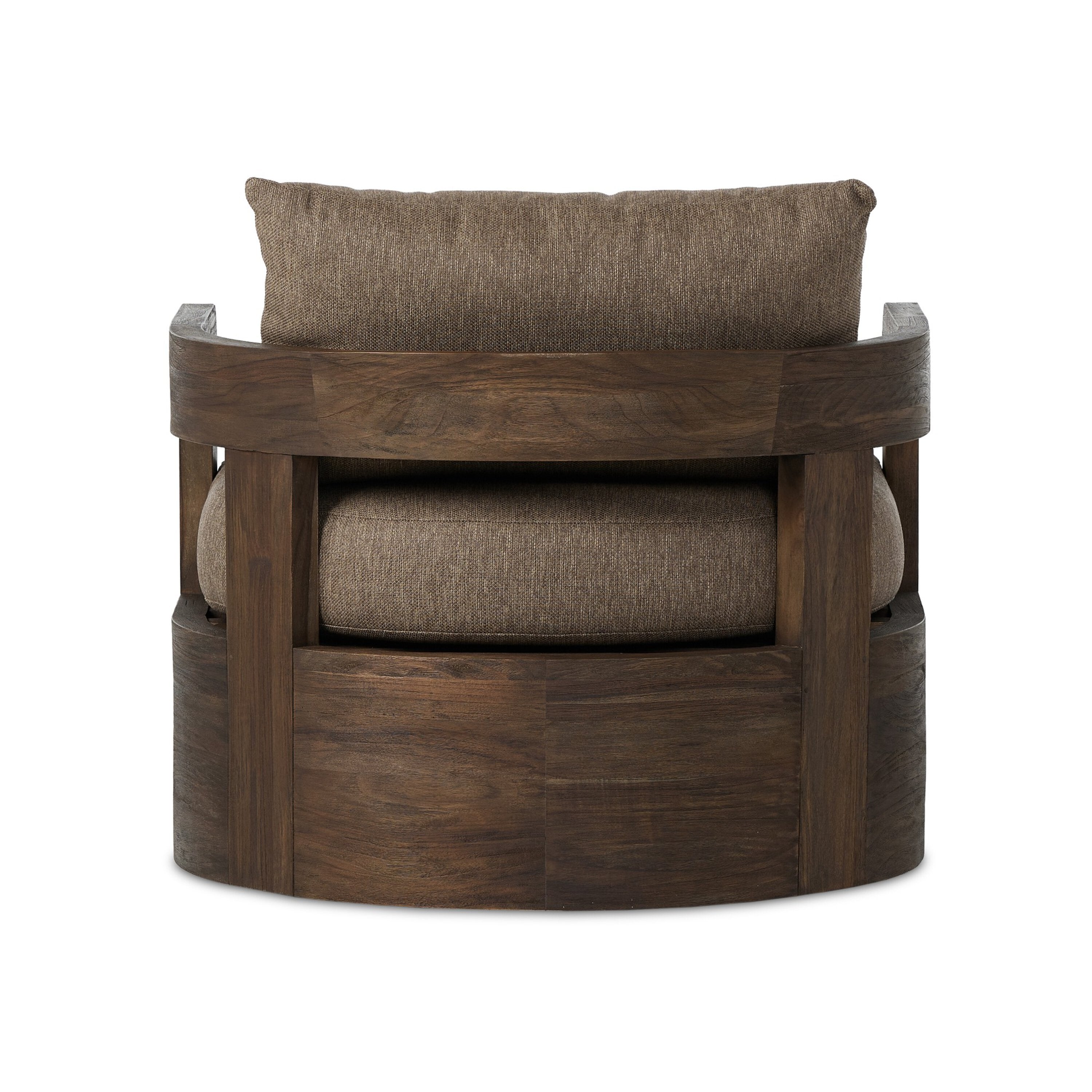 A brown upholstered Jackson Outdoor Swivel Chair with a teak wood frame and a cushion on it, against a white background.