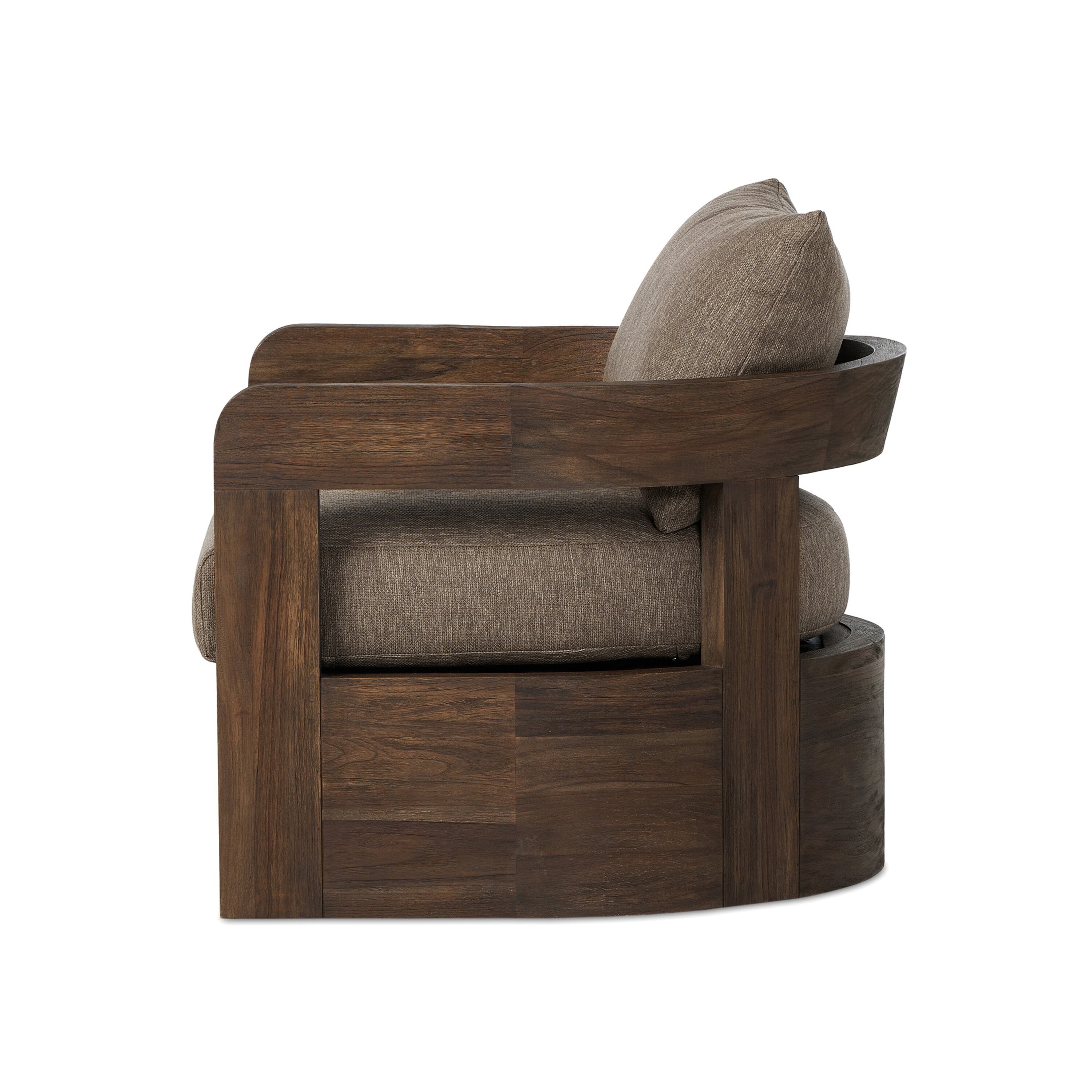 A brown upholstered Jackson Outdoor Swivel Chair with a teak wood frame and a cushion on it, against a white background.