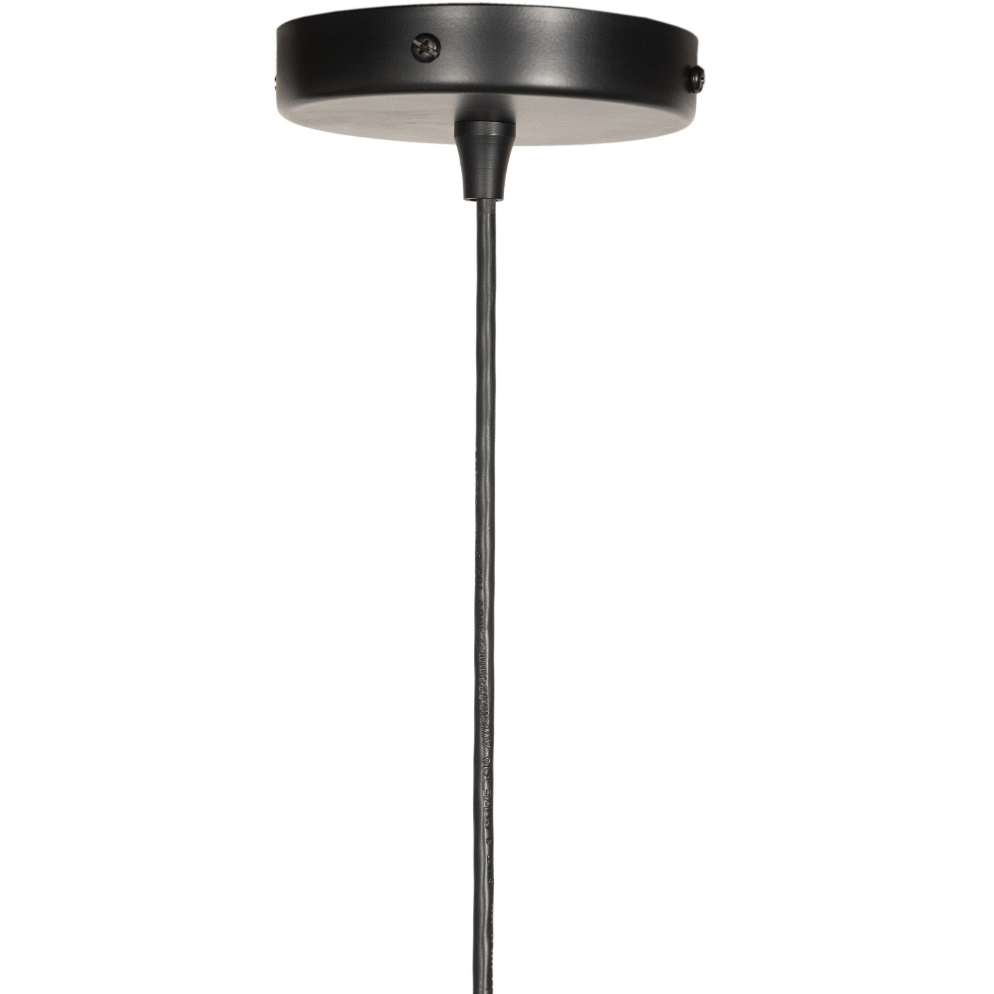 A close-up of a black circular ceiling light fixture canopy with a black cord extending downward, shown against a plain white background.
