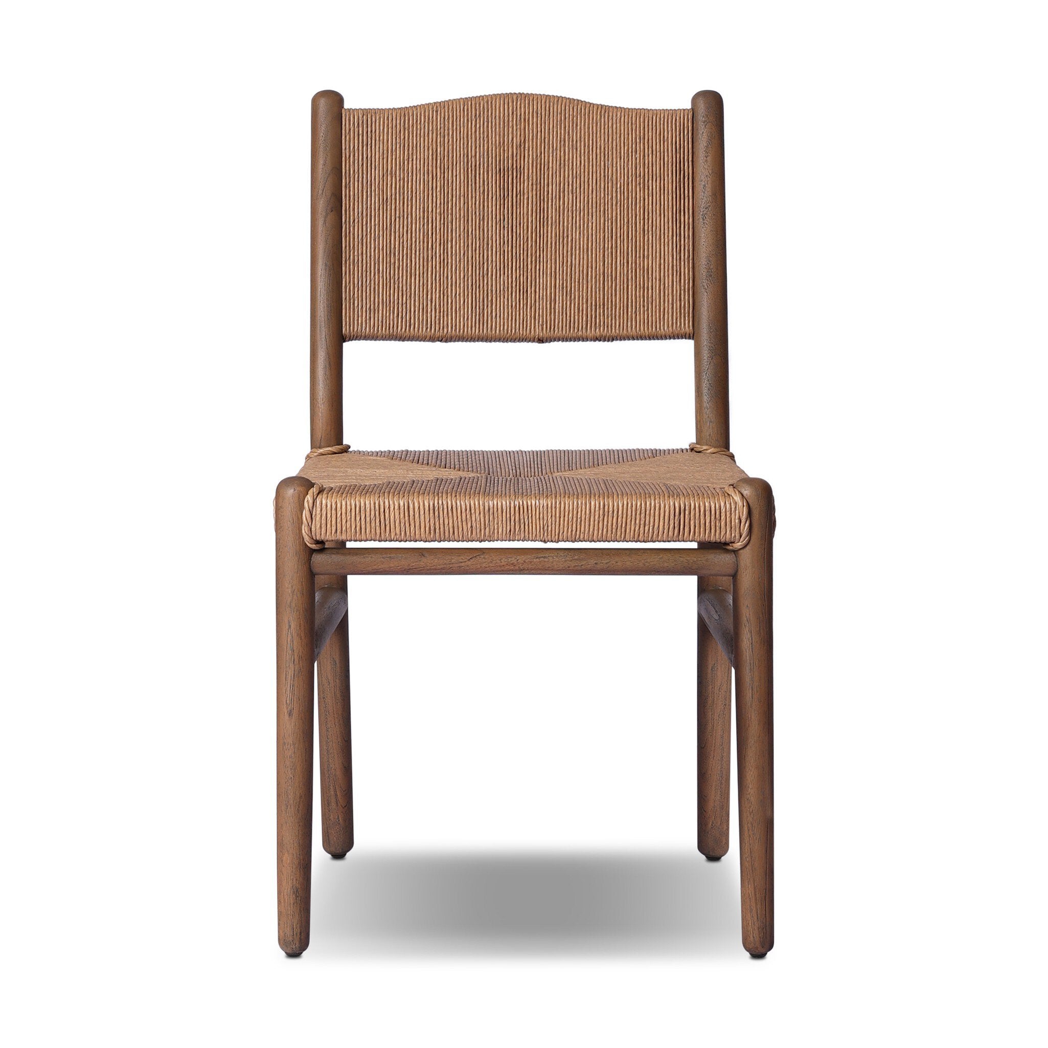 Wooden outdoor dining chair with woven backrest and seat on a white background