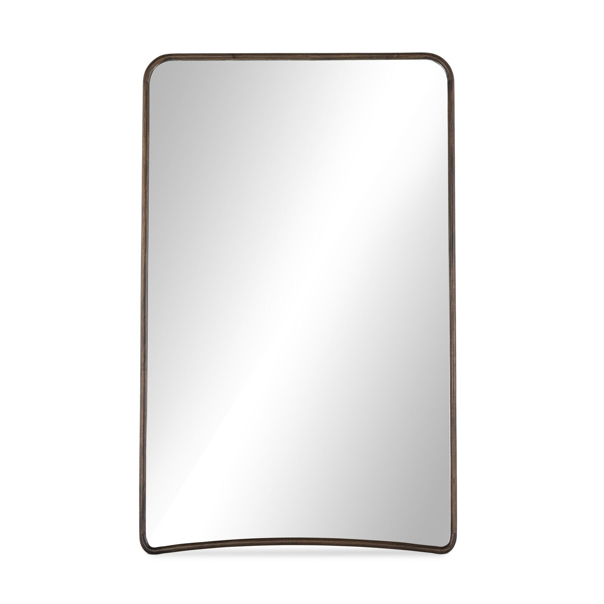 Rectangular floor mirror with a brown wood frame on a white background
