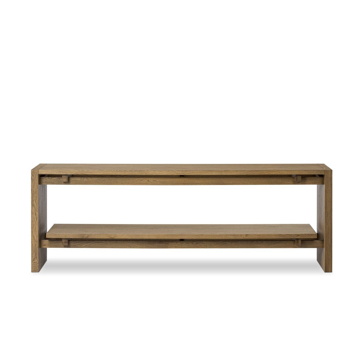 Wooden console table with a shelf on a white background