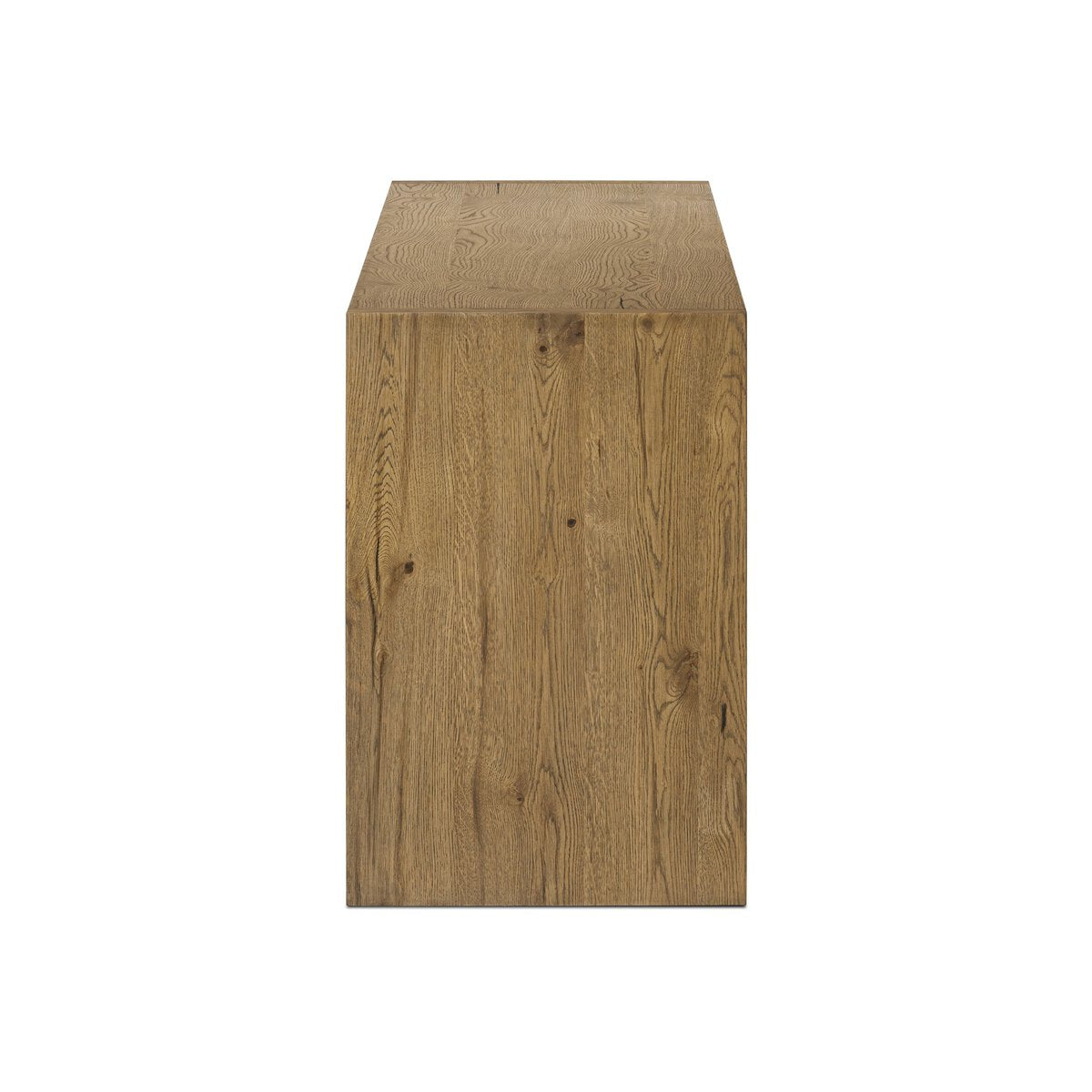 Side view of a wooden console table on a white background