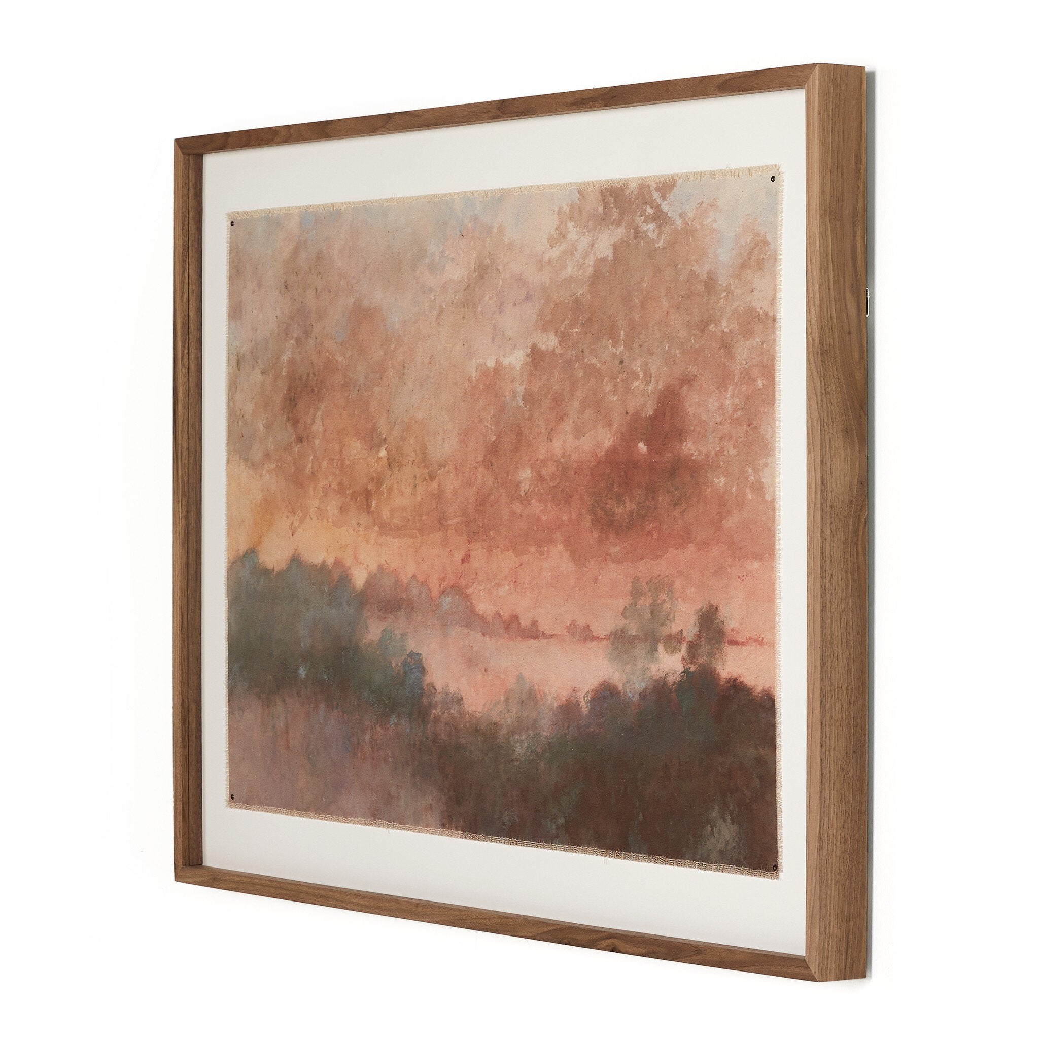 Framed abstract painting with earthy tones on a white background