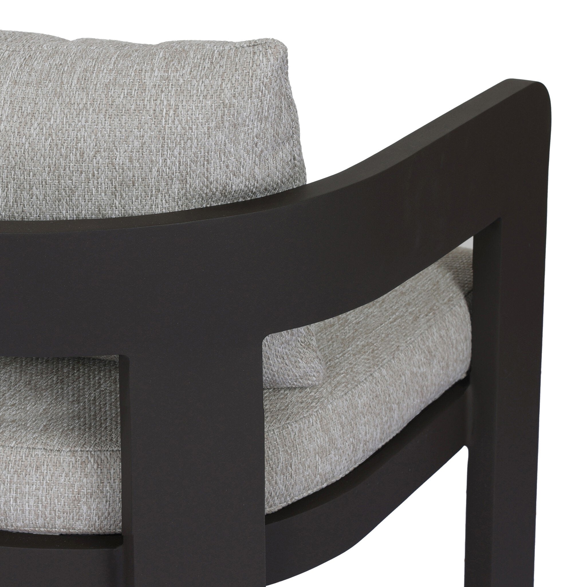 Gray cushioned ourdoor chair with a dark metal frame on a white background