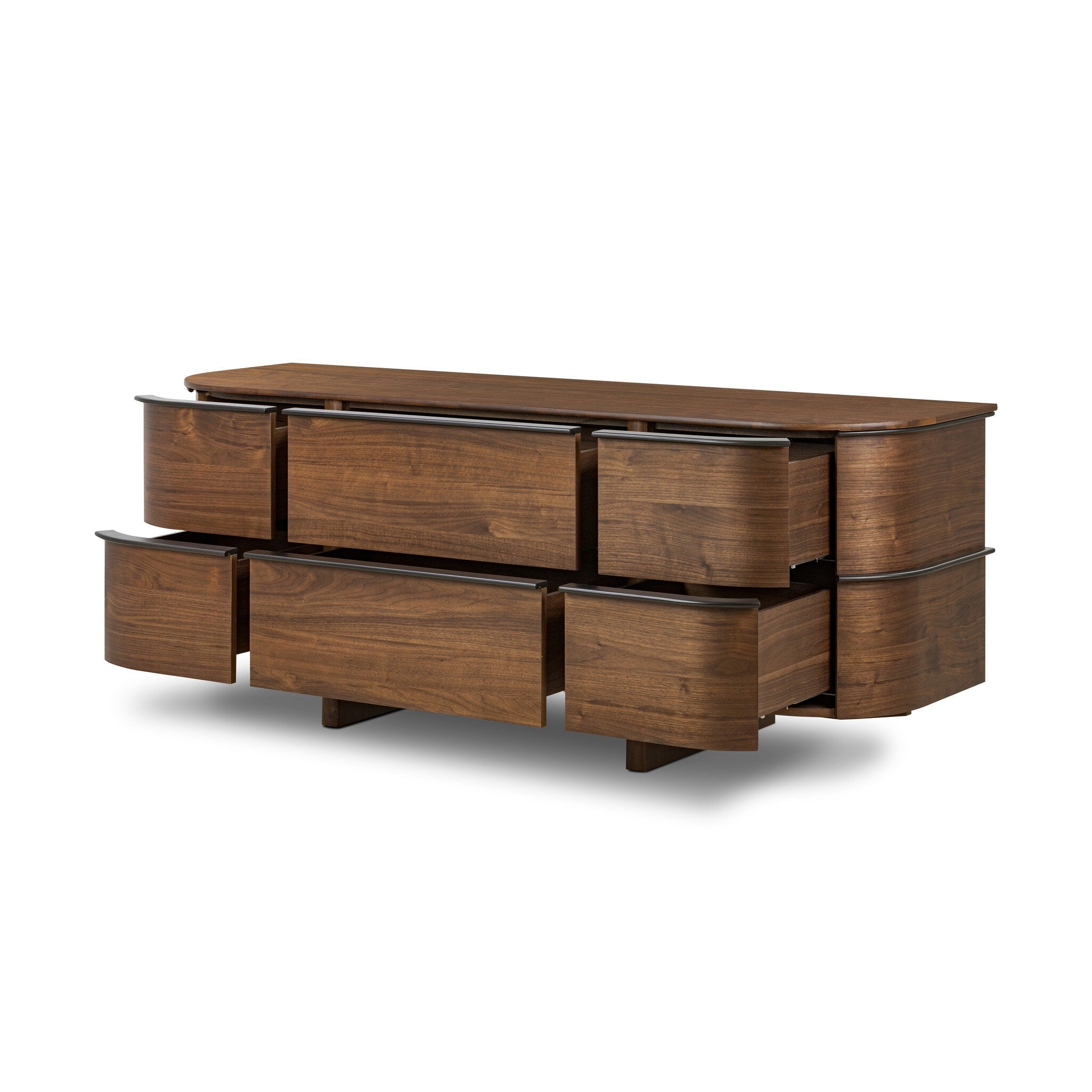 Wooden dresser with multiple drawers on a white background