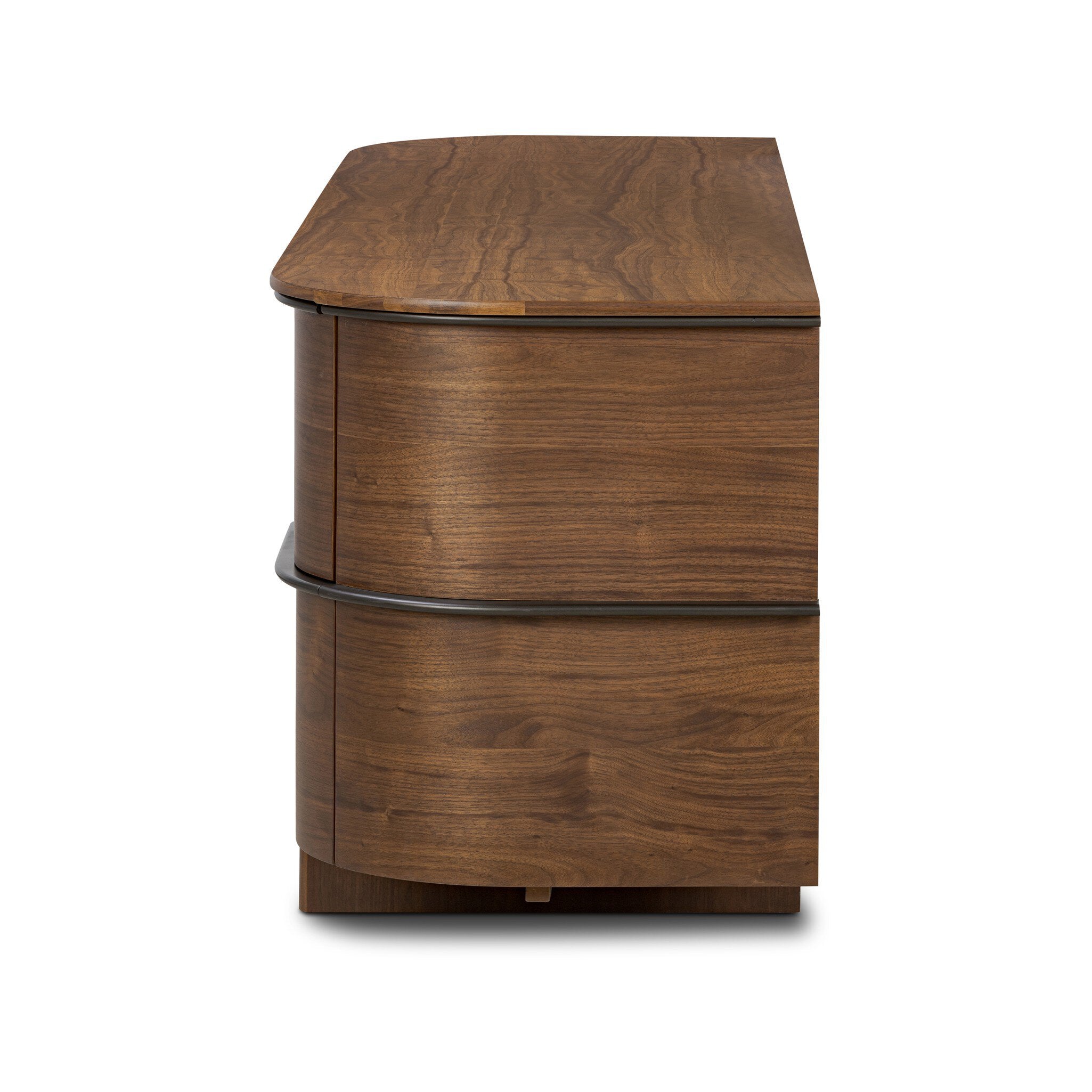 Side view of a wooden dresser with curved edge on a white background