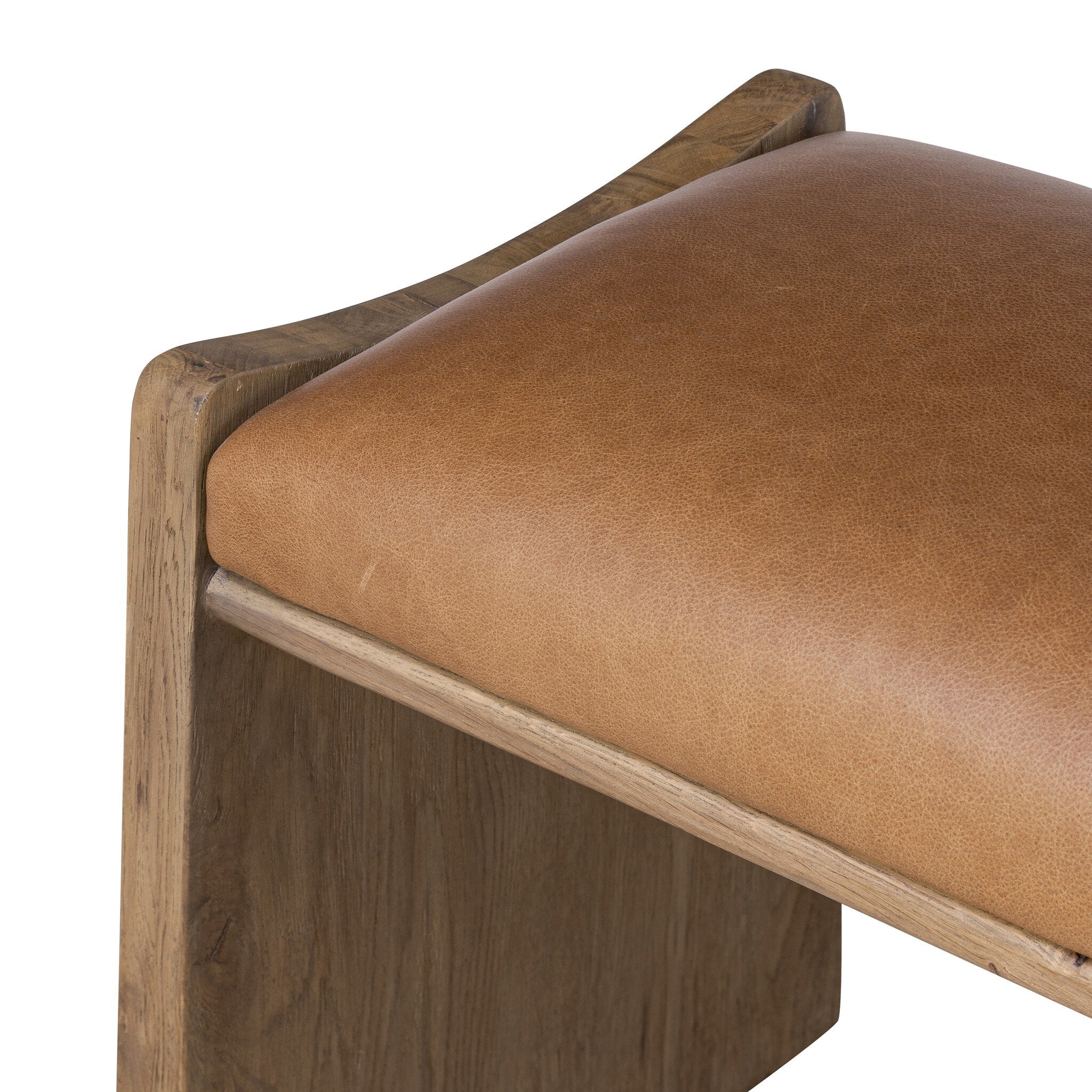 Brown leather bench with wooden frame on a white background