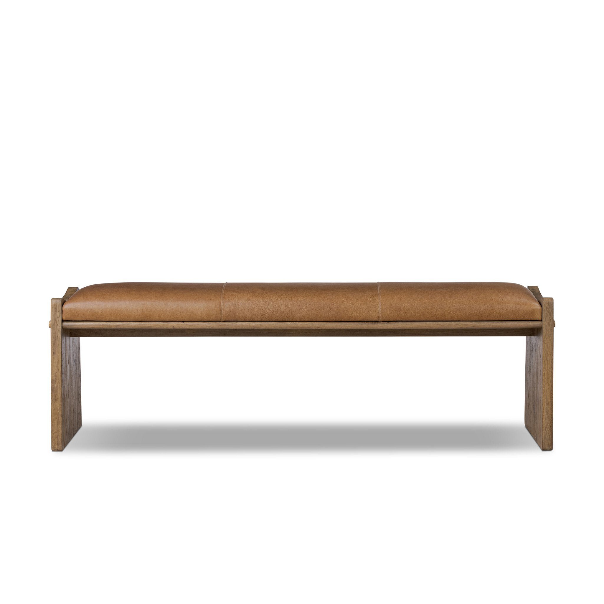 Wooden bench with leather seat on a white background