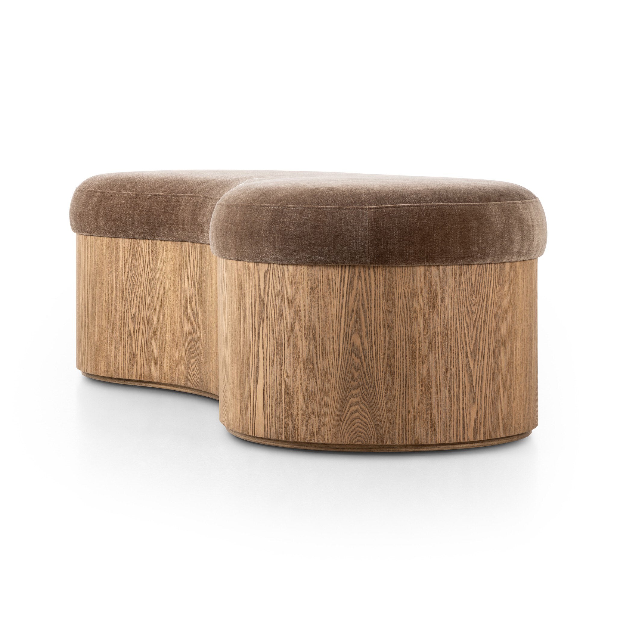  brown cushioned ottoman with wooden base on a white background
