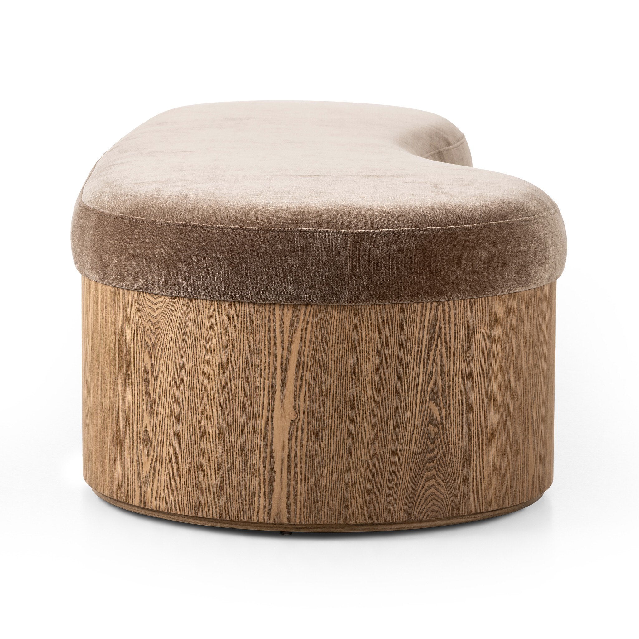 Rounded bench with wooden base and beige cushion on a white background