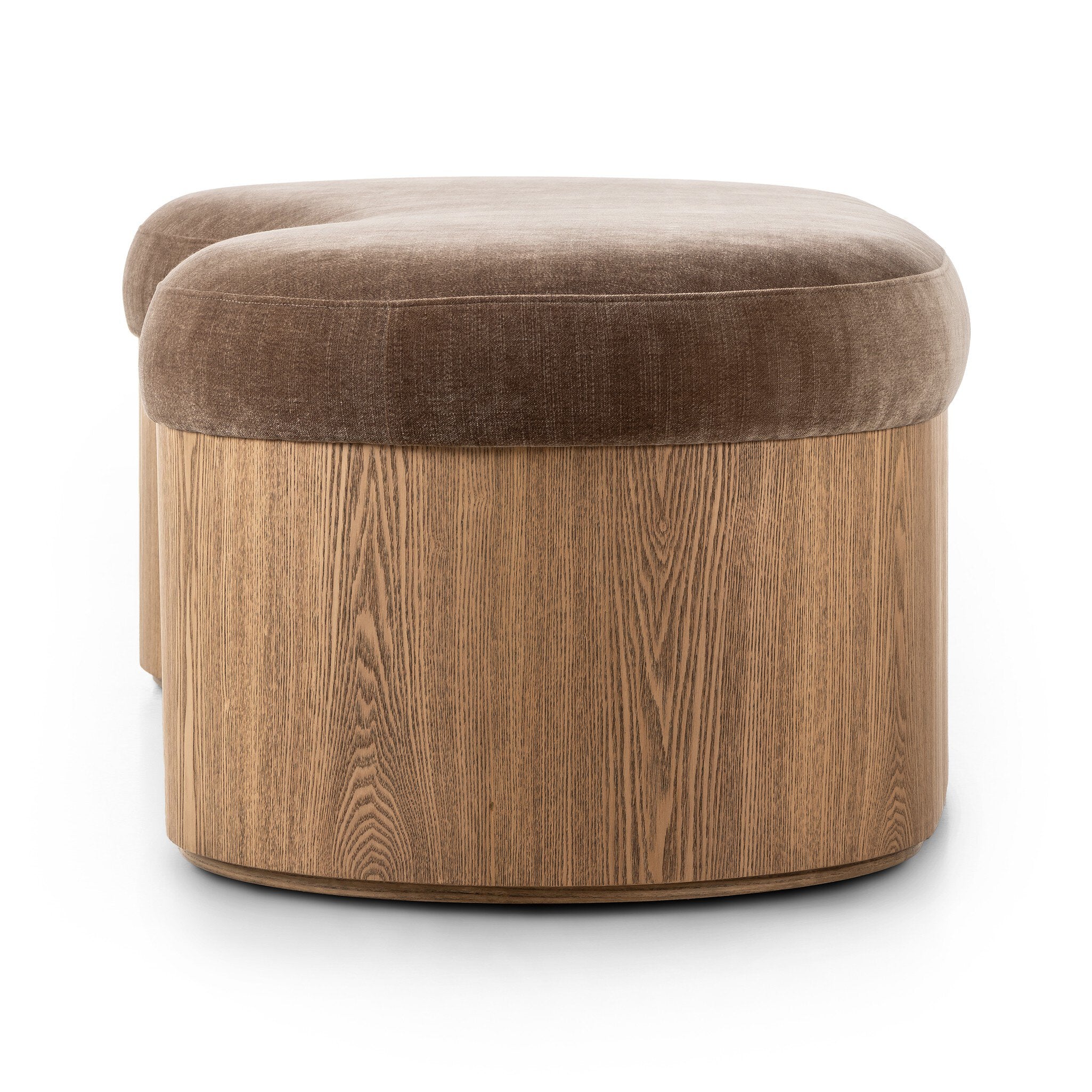 Round bench with brown cushioned top and wooden bottom on a white background
