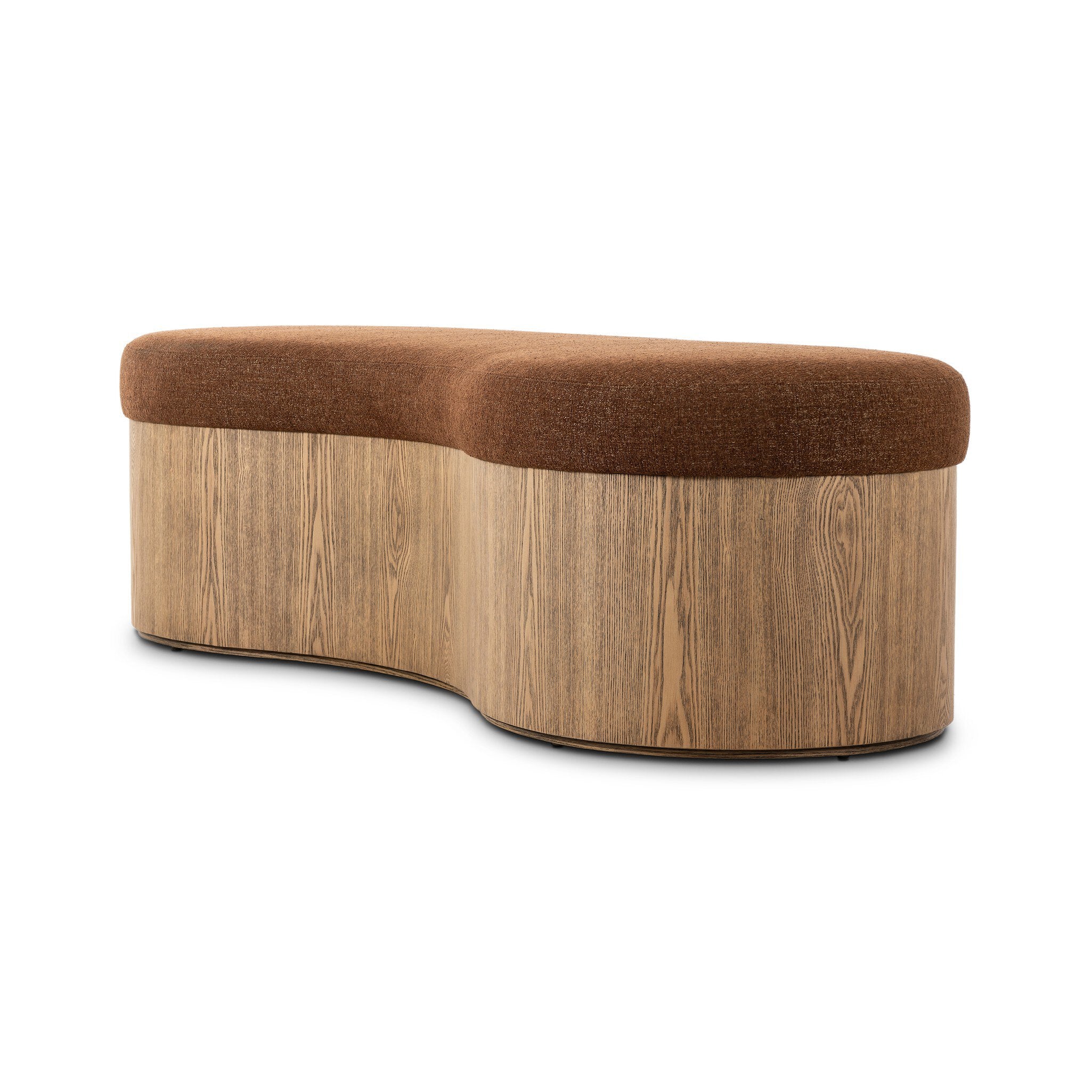 Wooden ottoman with a brown cushion on a white background