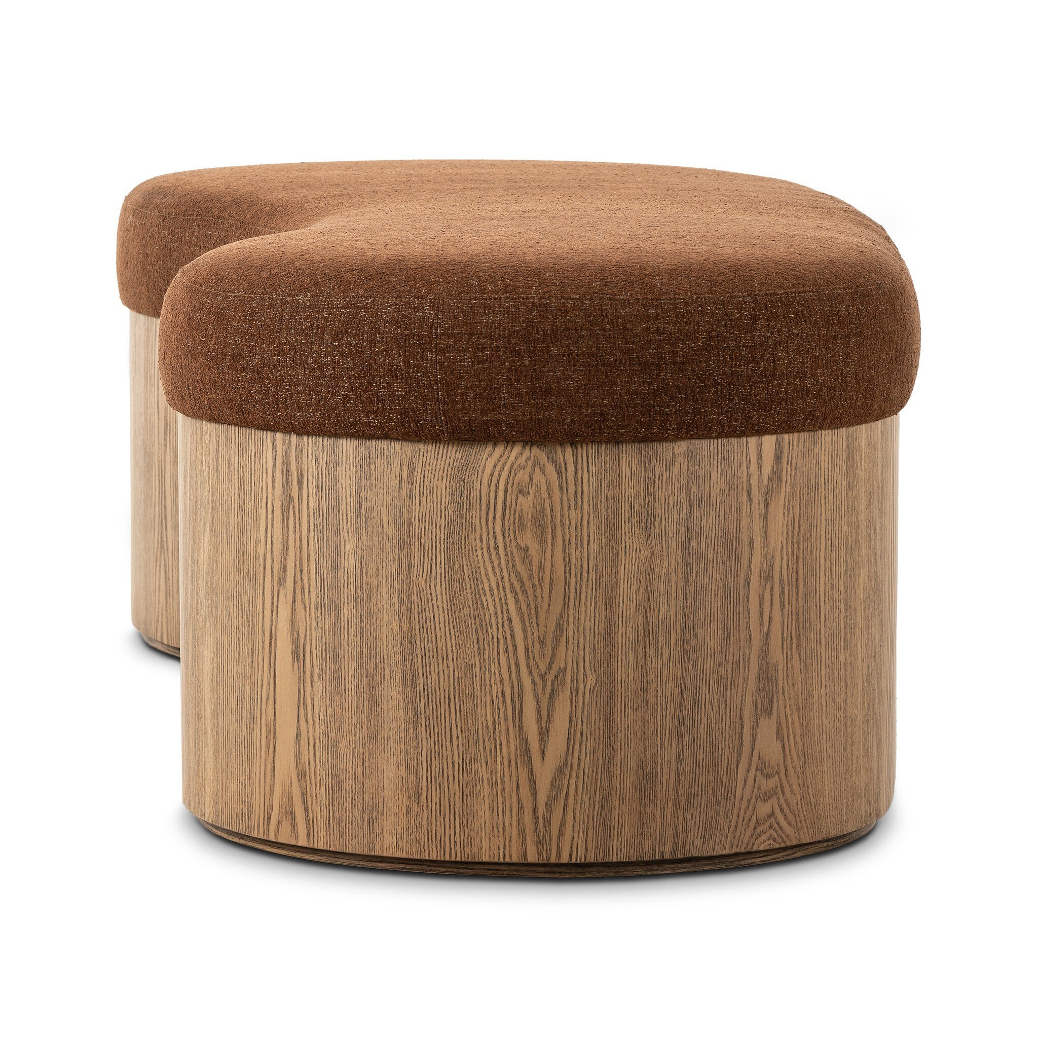 Brown upholstered bench with wooden base on a white background