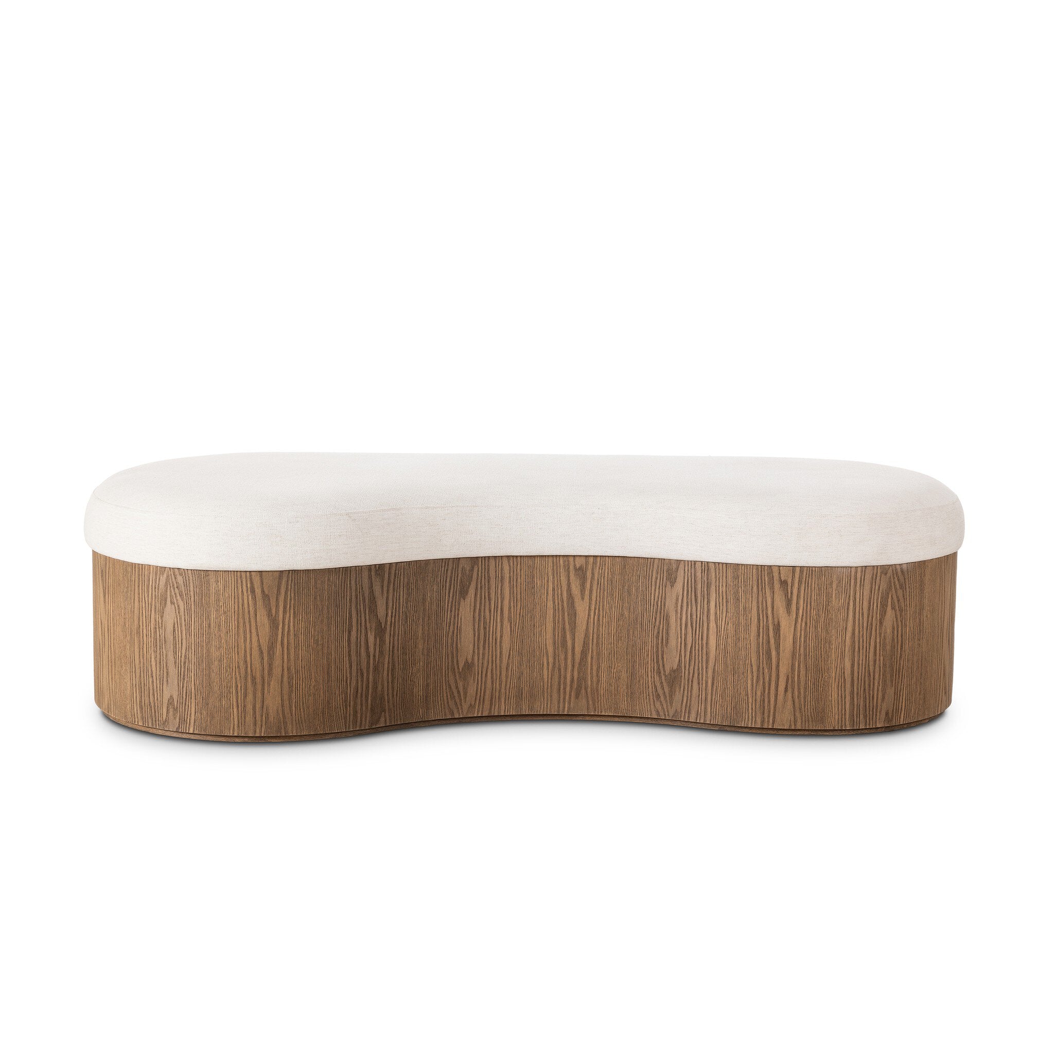 Wavy wooden bench with white cushion on a white background