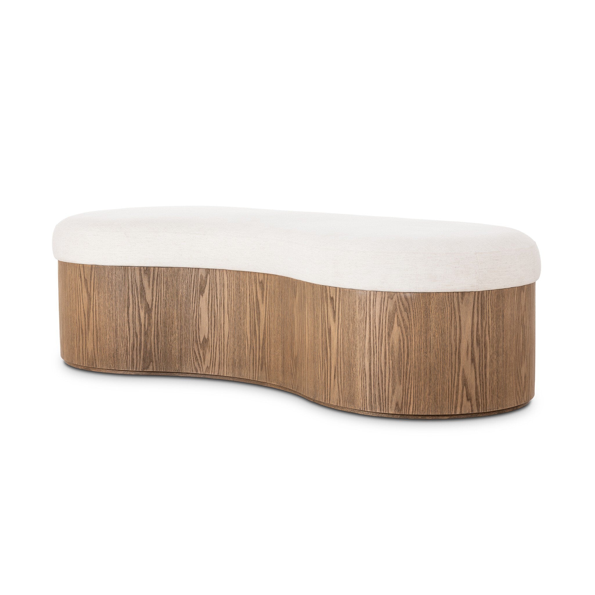 Curved wooden bench with white cushion on a white background