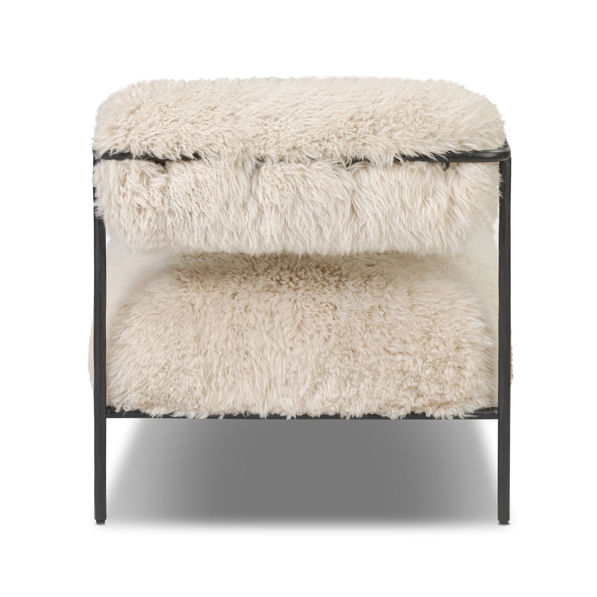 Stool with white fur cover and black metal frame on a white background