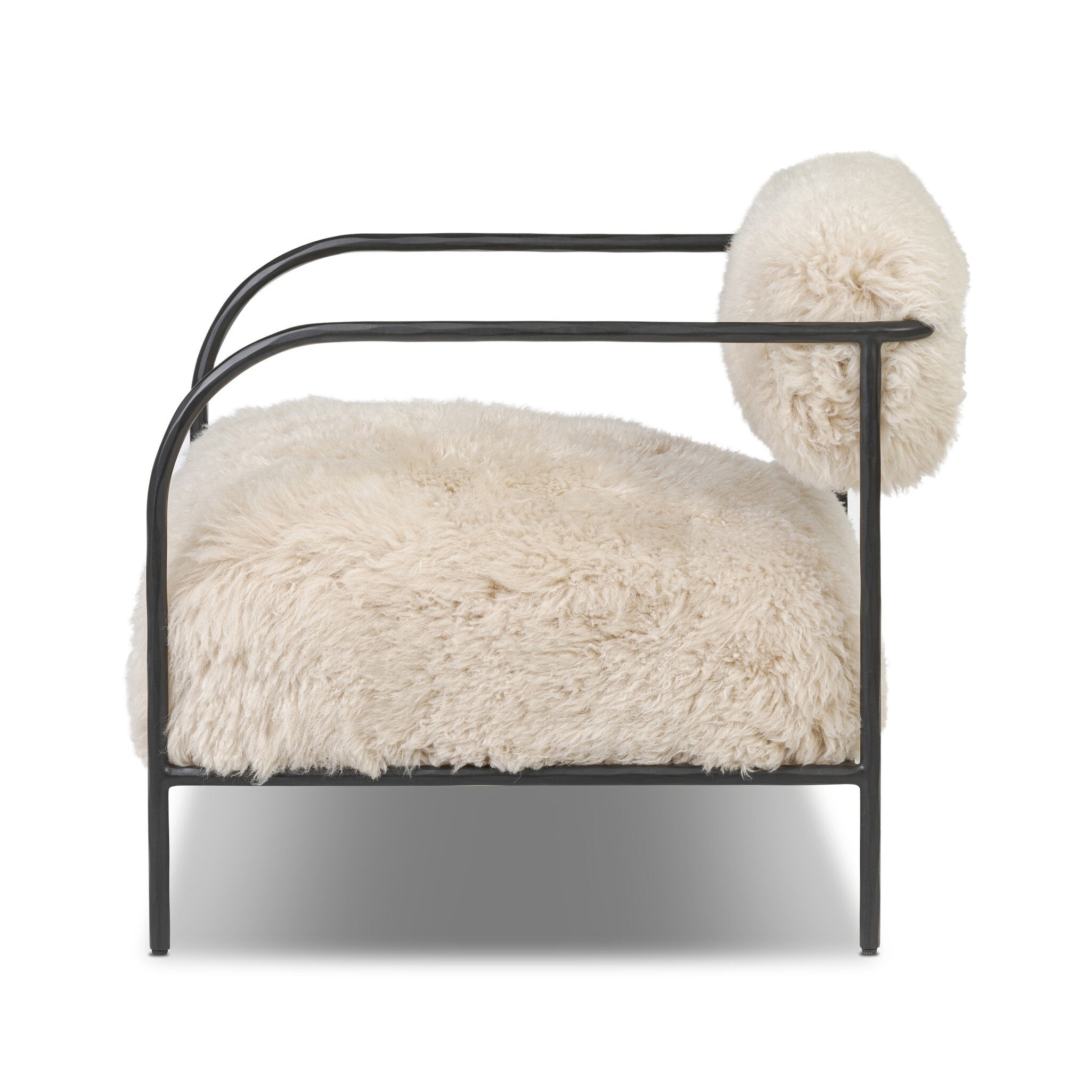 Chair with black frame and white fluffy cushions on a white background