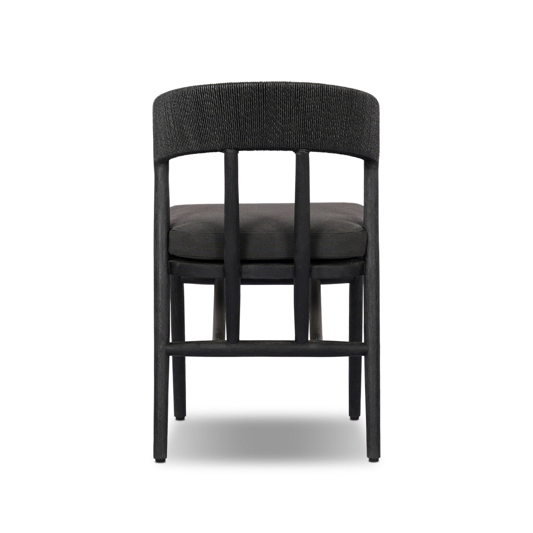 Black outdoor chair with woven backrest on a white background