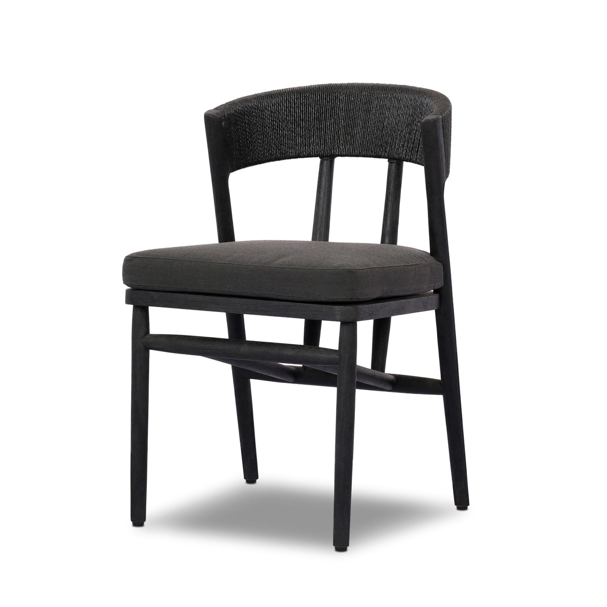 Black dining chair with cushioned seat on a white background