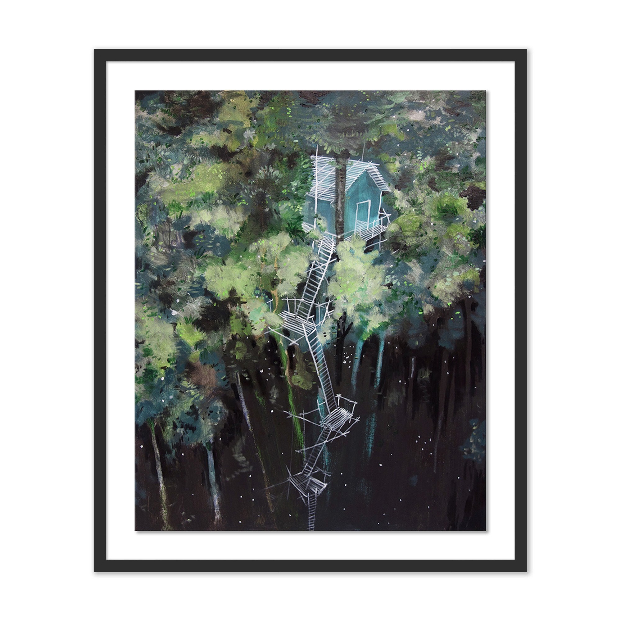 Framed artwork of a treehouse in a forest
