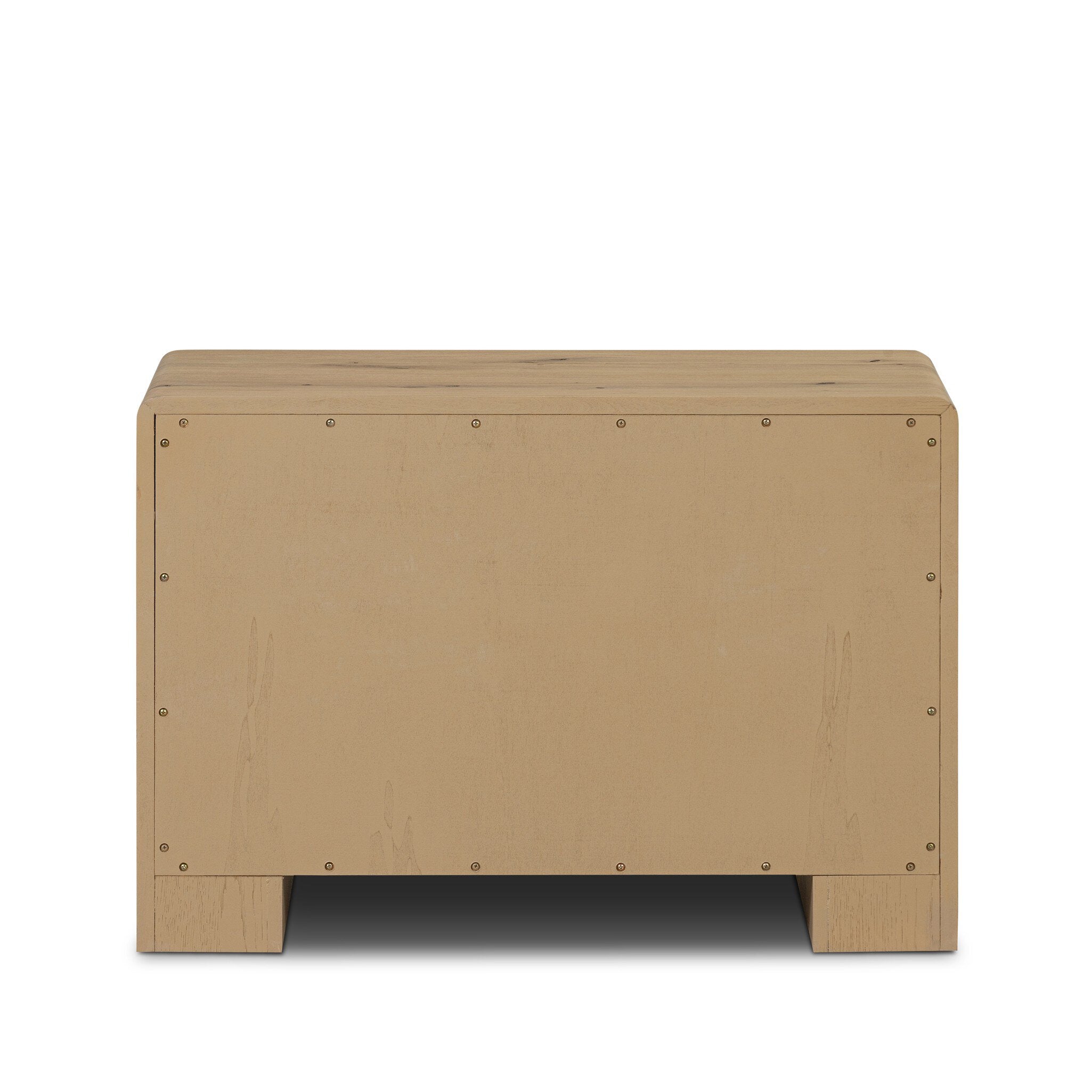 Beige wooden storage box with rivets on a white background