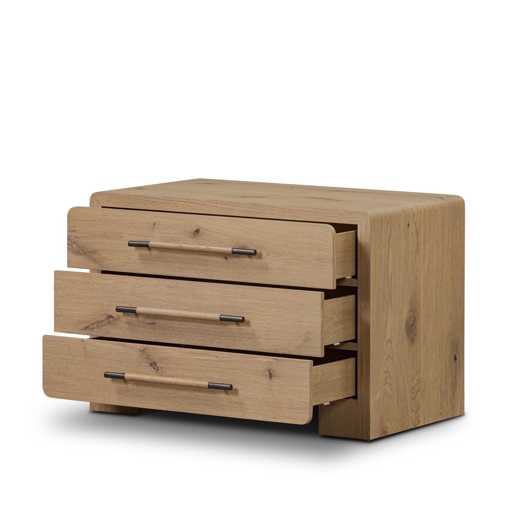 Wooden dresser with three drawers on a white background
