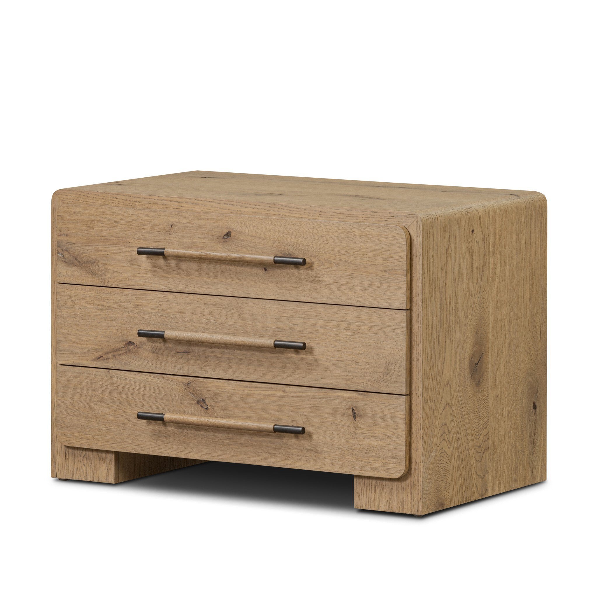 Wooden dresser with three drawers on a white background