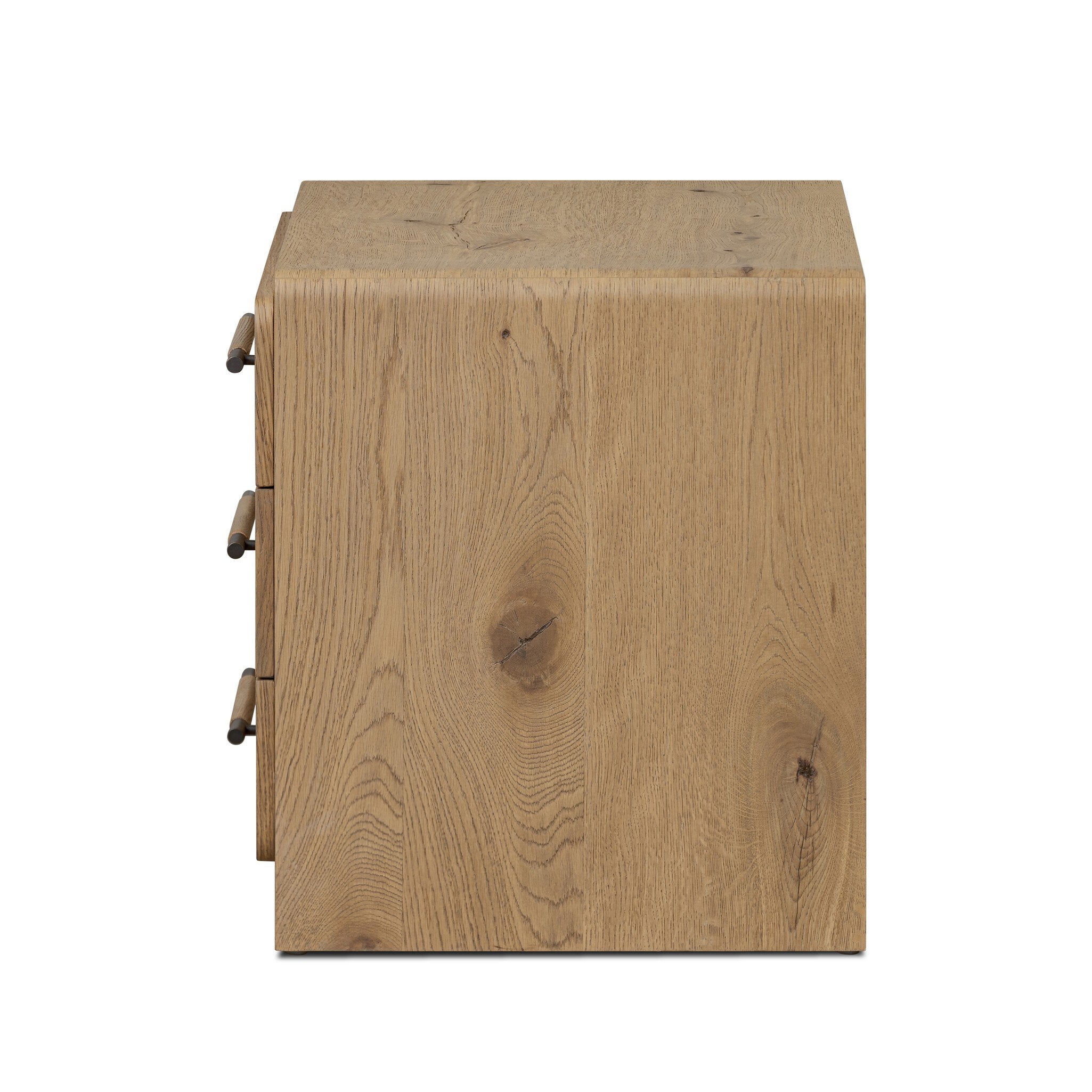 Wooden side table with two drawers on a white background