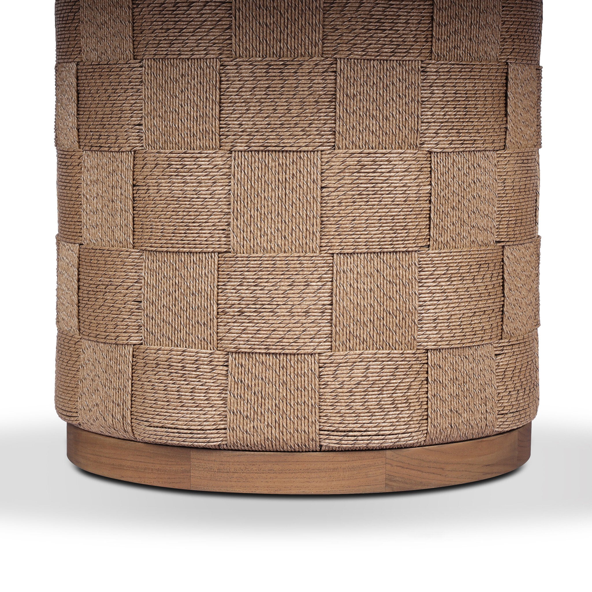 Woven cylindrical table base with a textured pattern on a white background