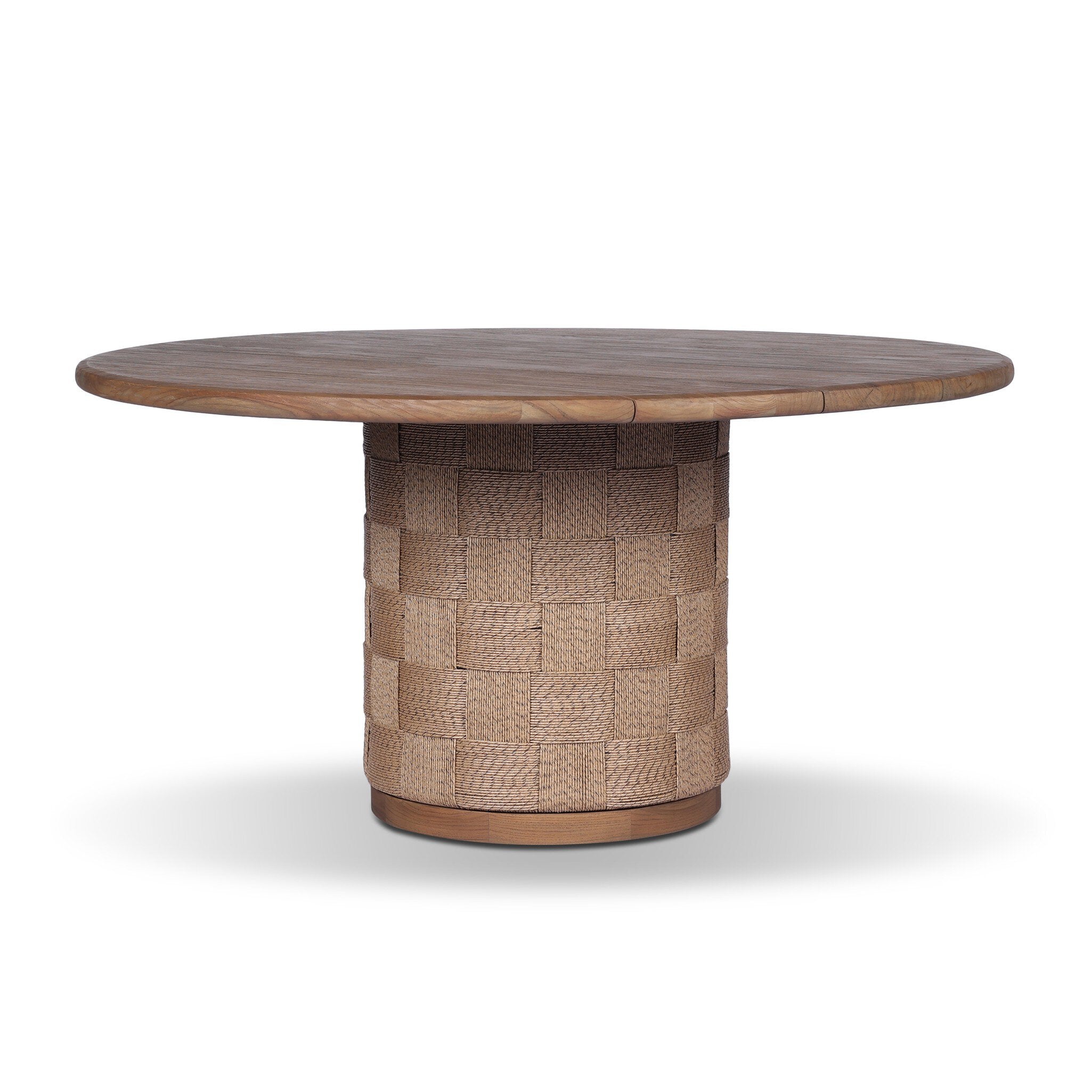 Round wooden outdoor table with a textured base on a white background