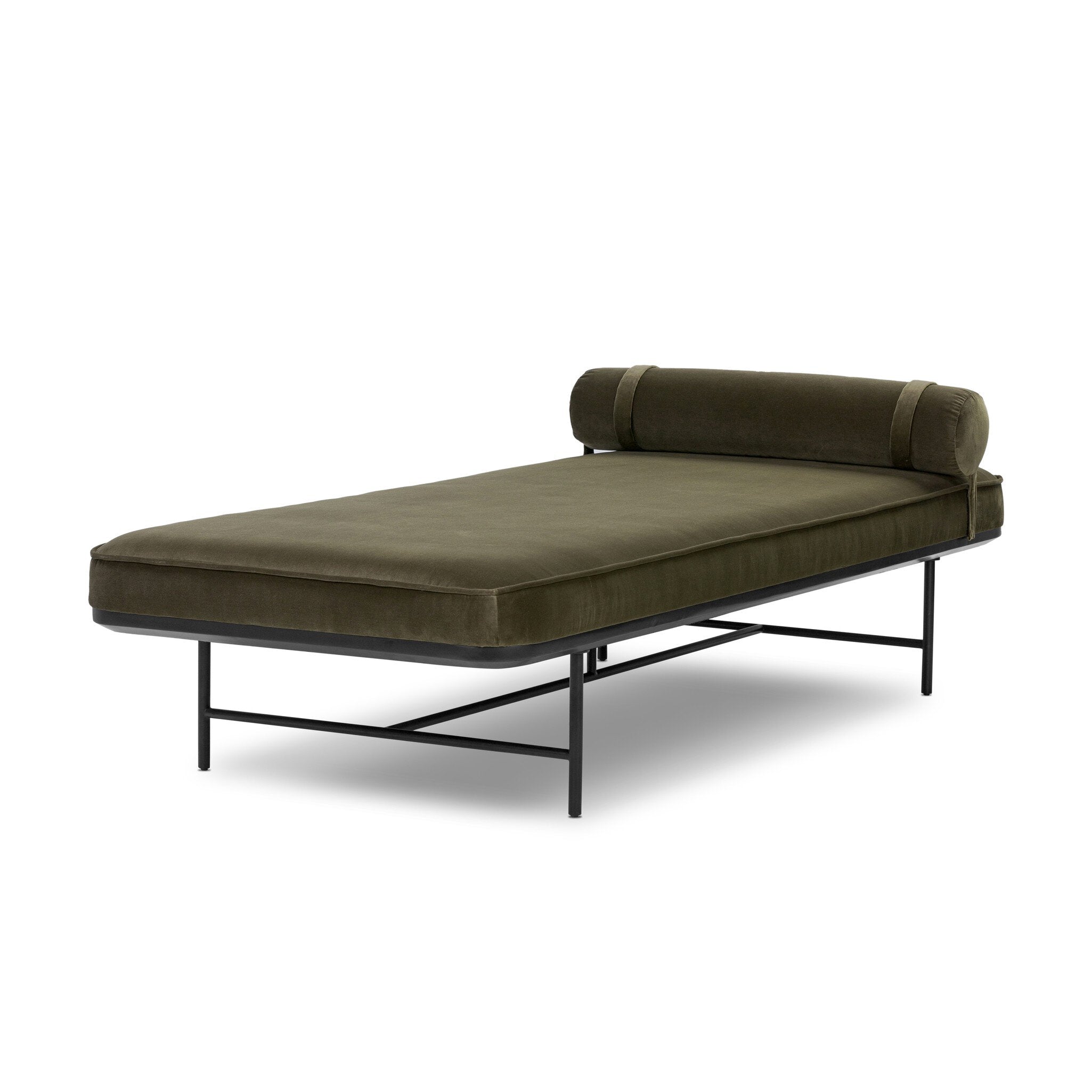 Green chaise with black metal frame on a white background
