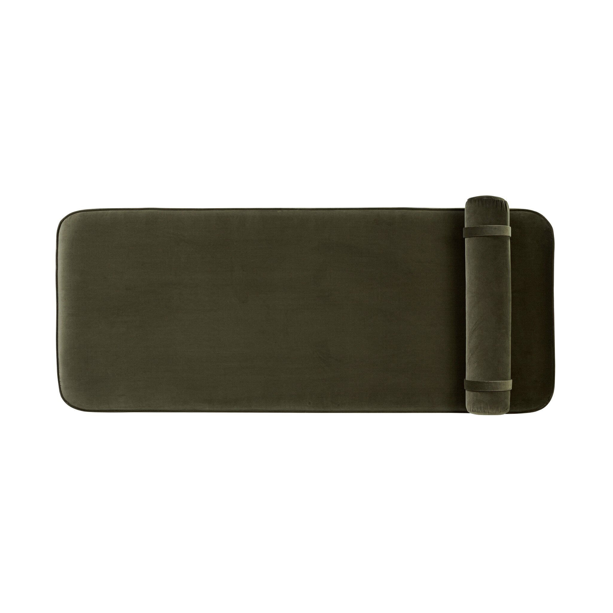 Dark green chaise with a lumbar pillow on a white background