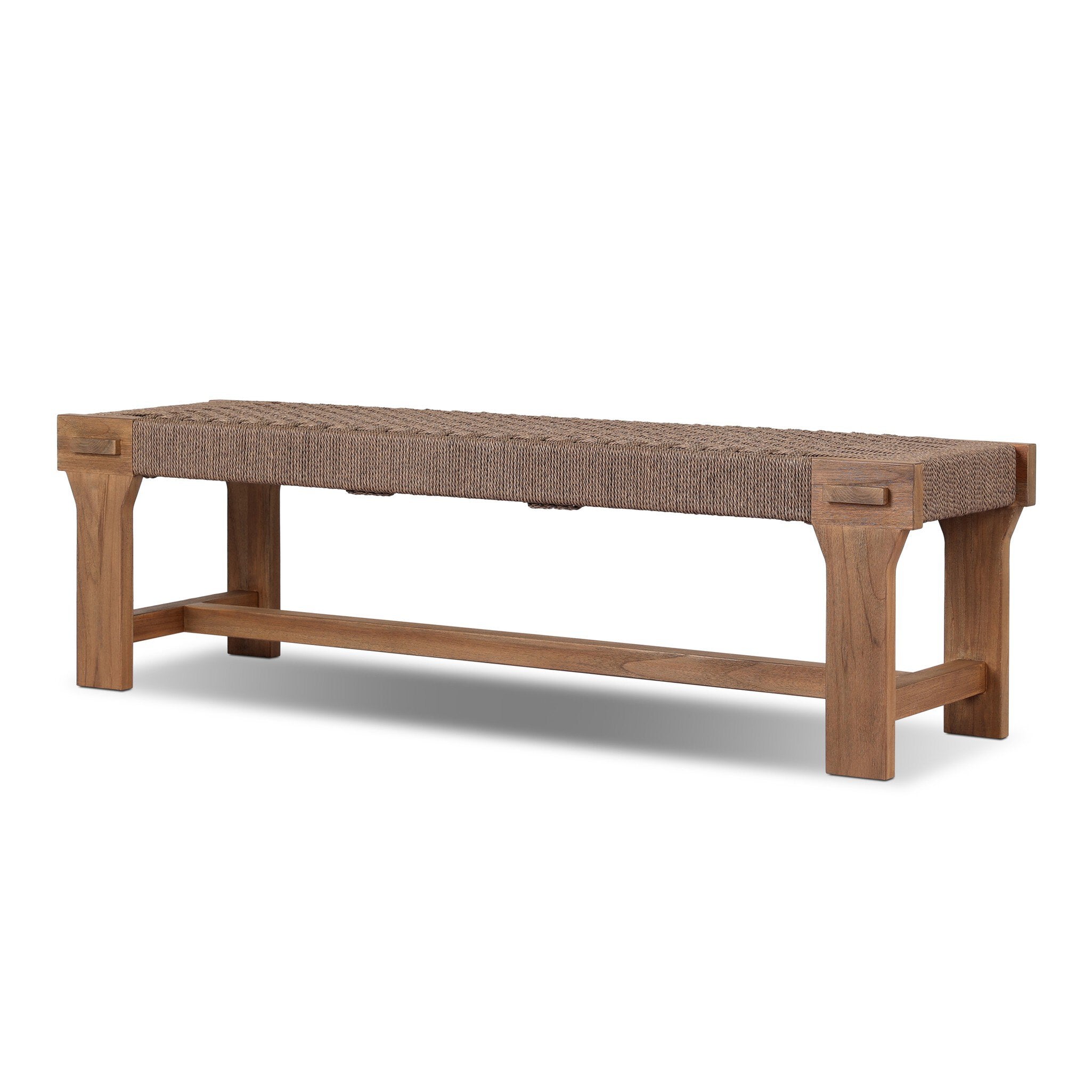 Wooden bench with woven seat on a white background