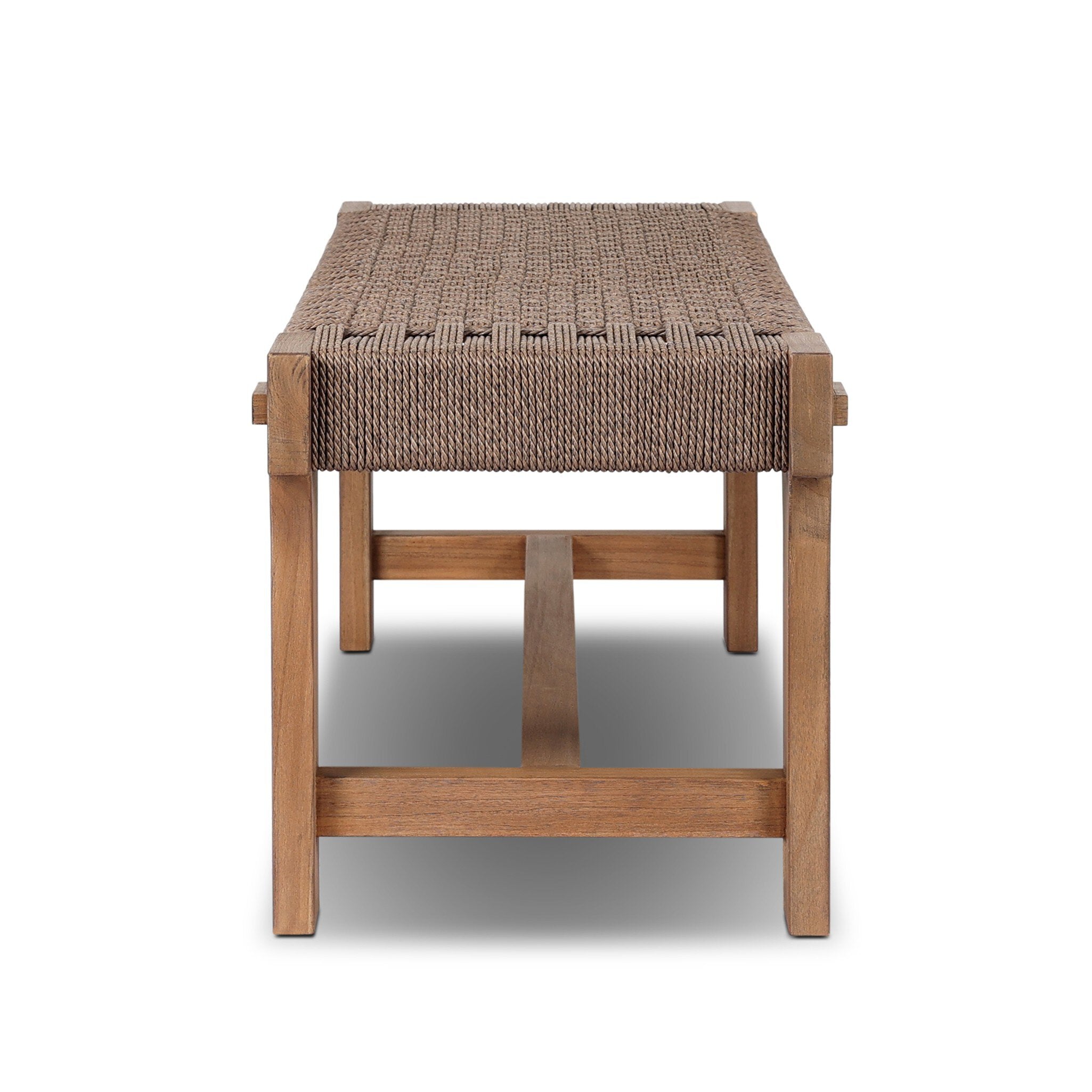 Wooden outdoor bench with woven seat on a white background