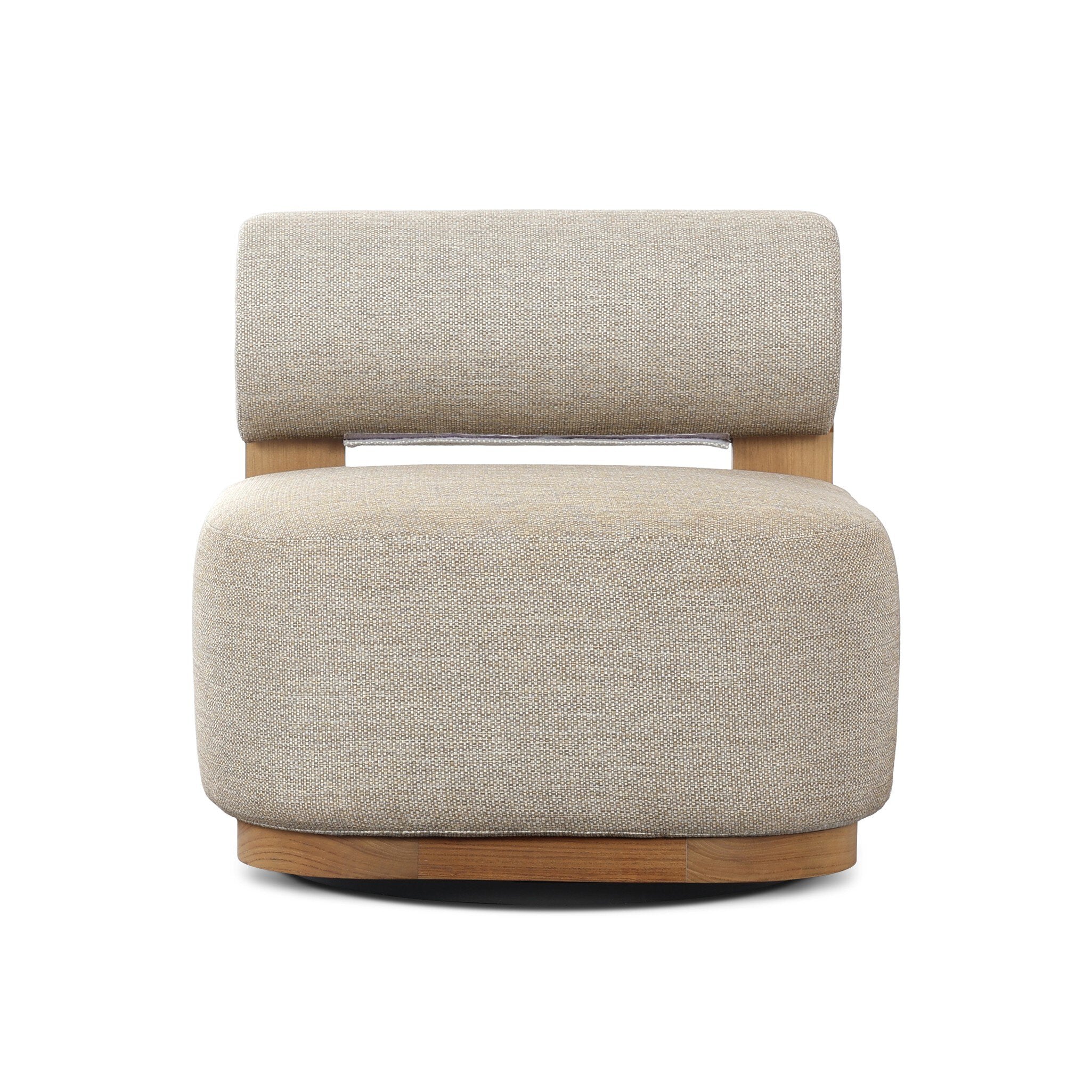 Beige upholstered chair with wooden accents on a white background