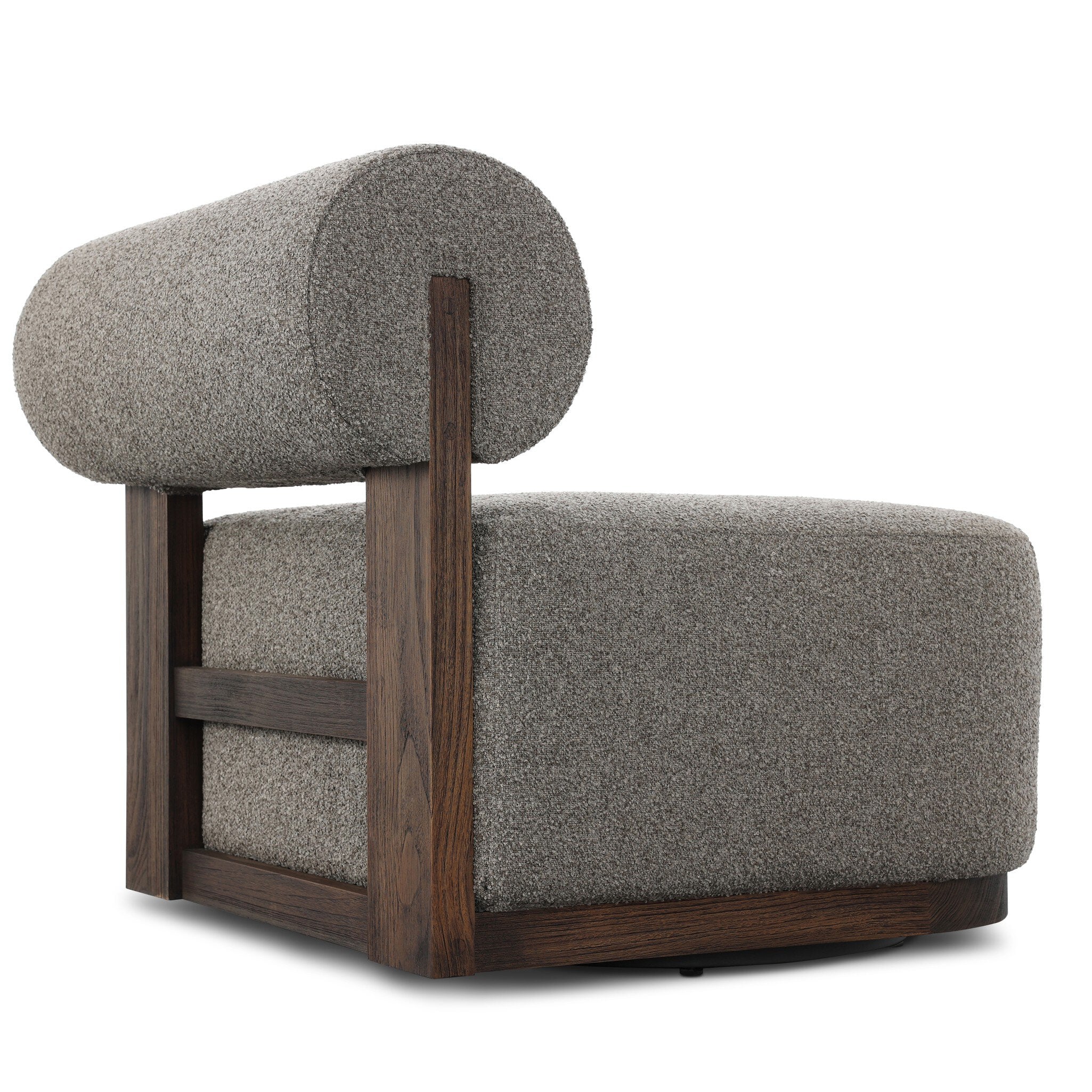 Gray upholstered chair with wooden frame on a white background
