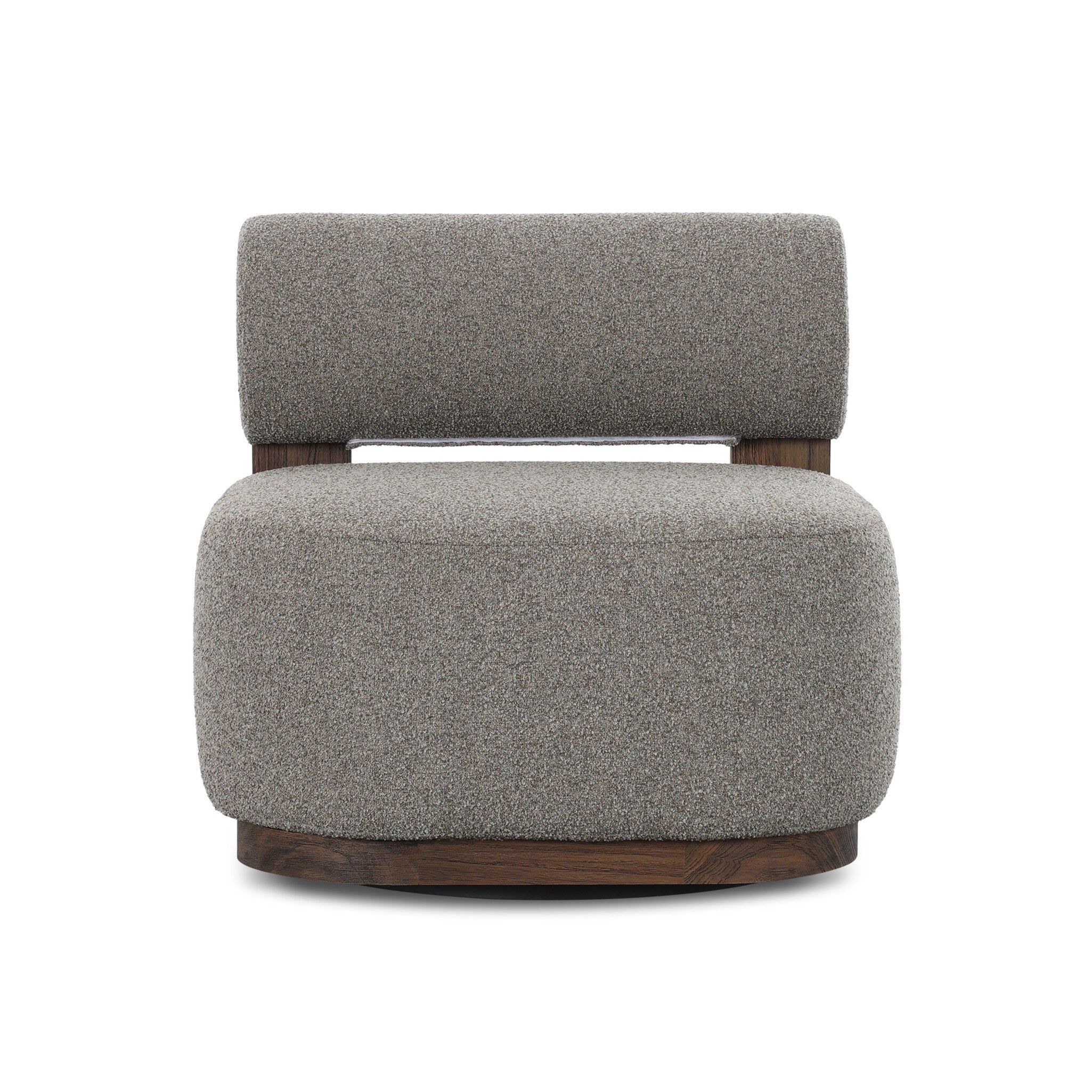 Gray upholstered chair with wooden base on a white background
