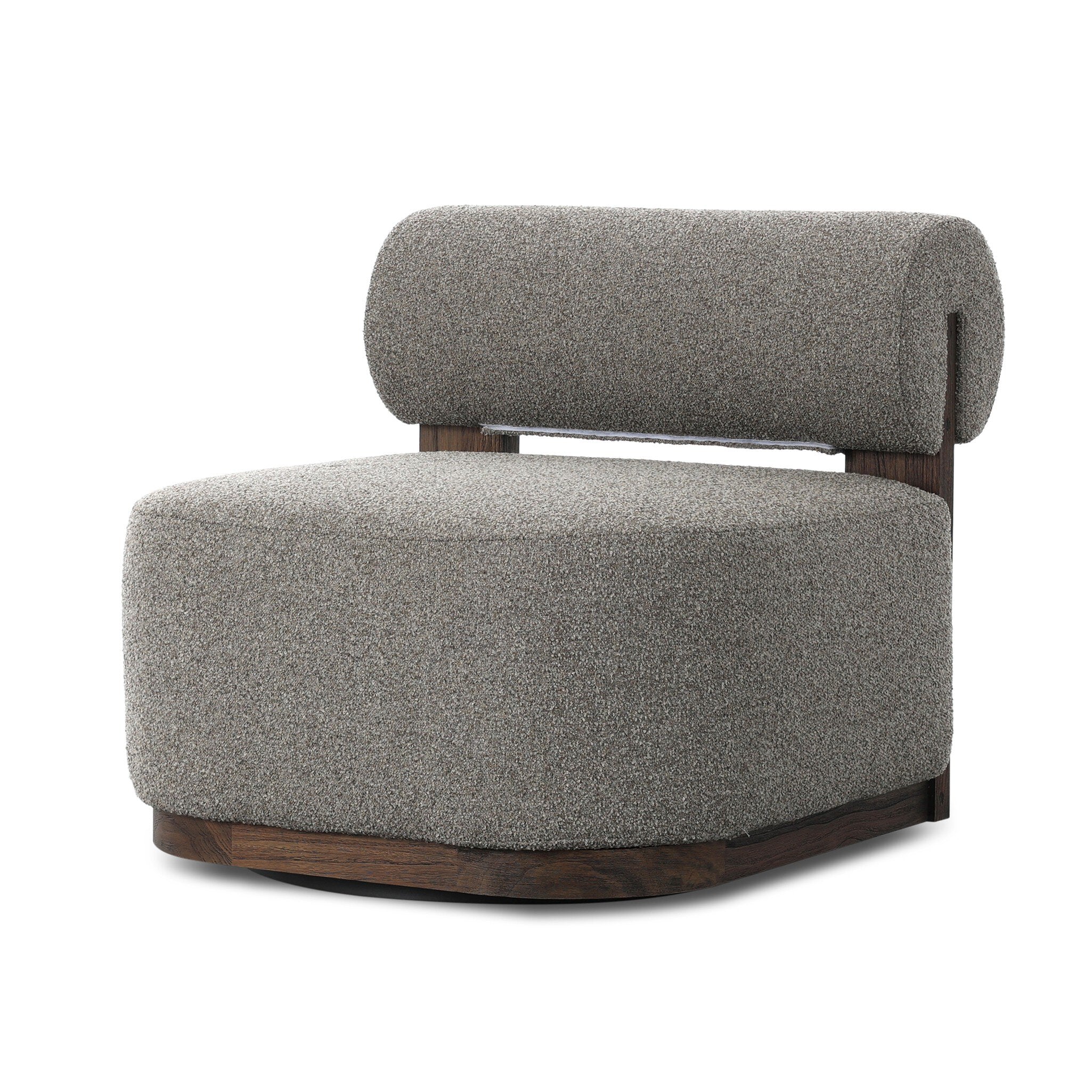 Gray upholstered chair with wooden base on a white background