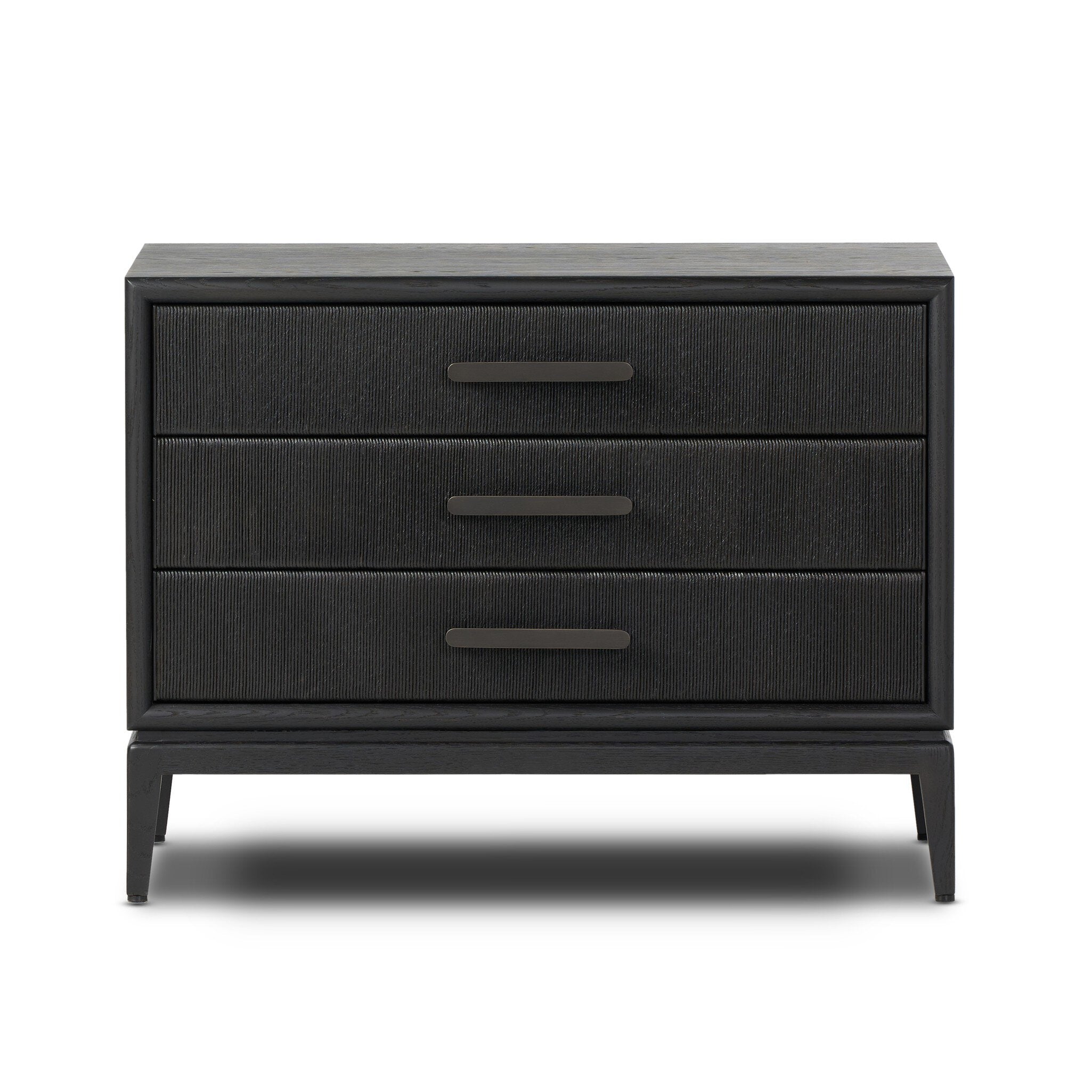 Black three-drawer dresser on a white background