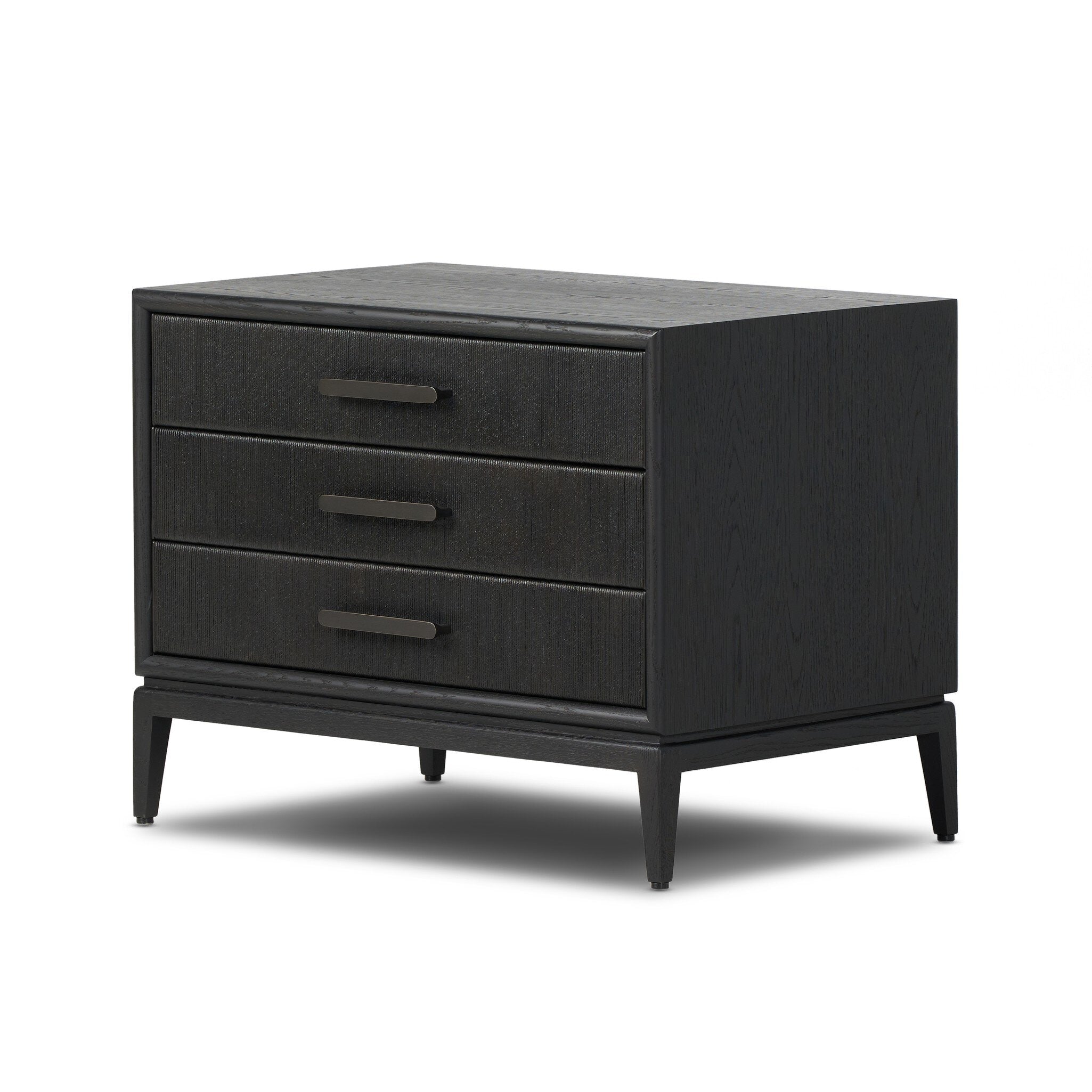 Black three-drawer dresser on a white background