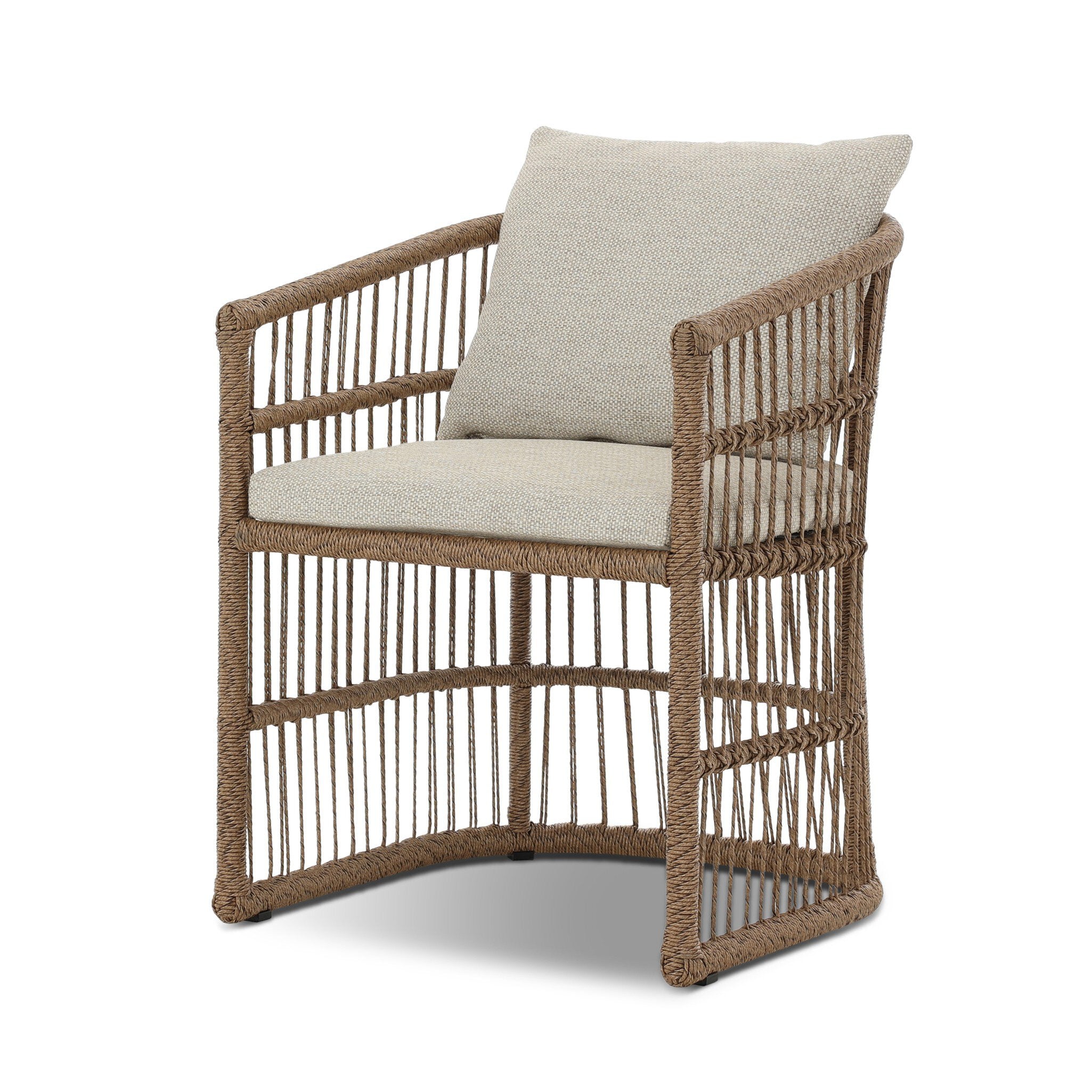Wicker outdoor armchair with beige cushion on a white background
