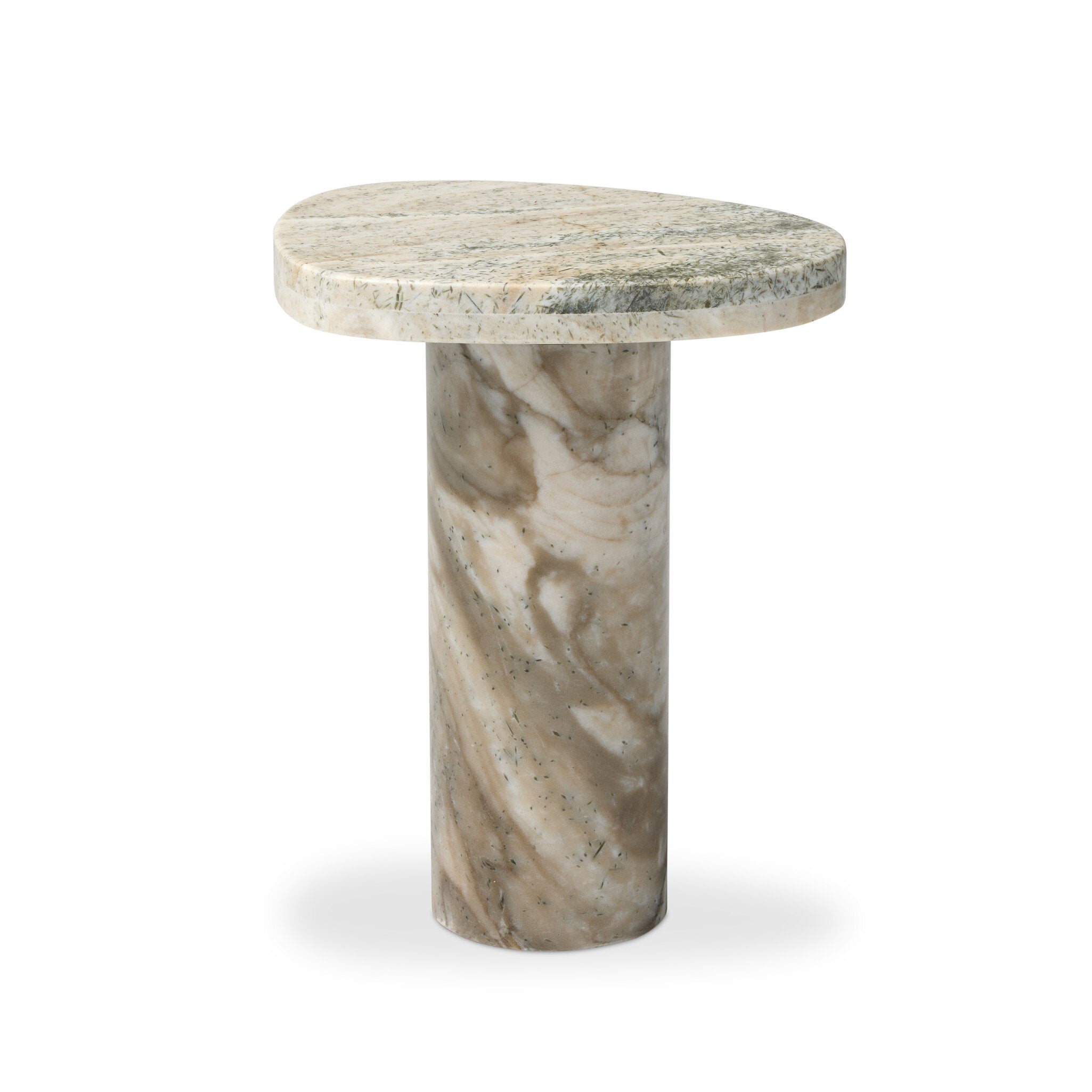 Stone side table with a round top and cylindrical base on a white background