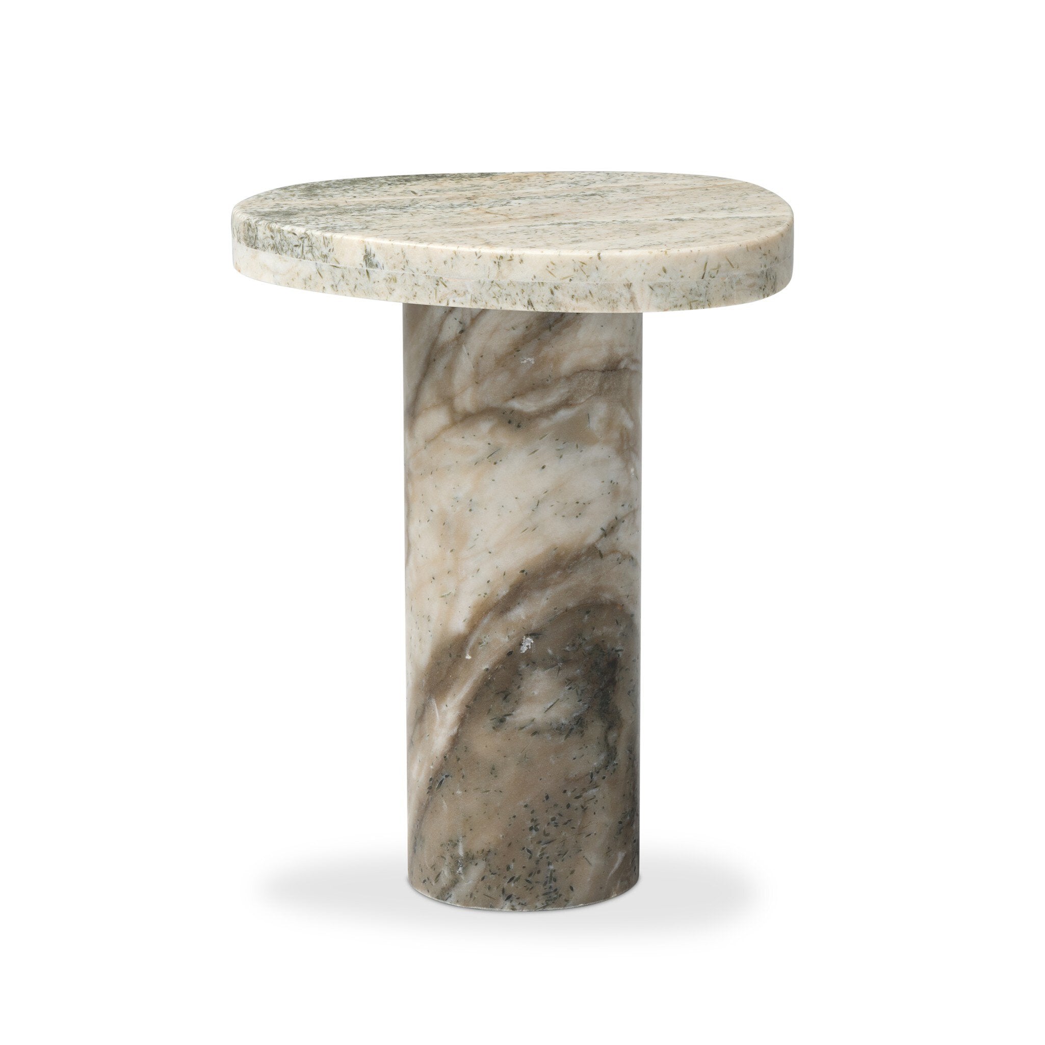 Onyx side table with a round top and cylindrical base on a white background