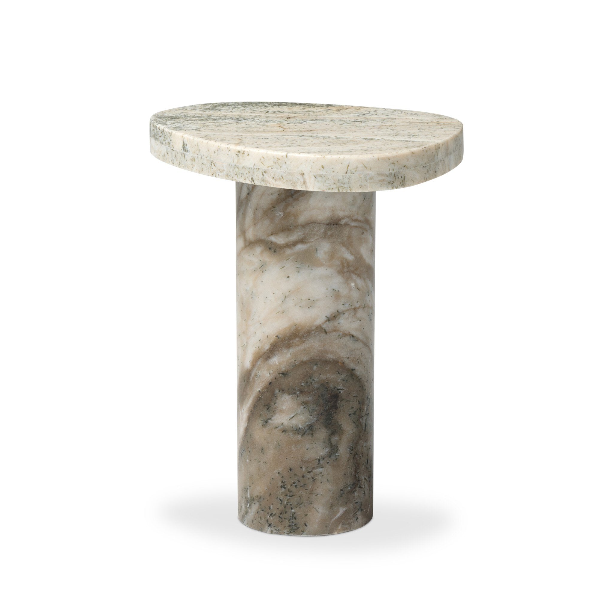 Stone side table with a round top and cylindrical base on a white background