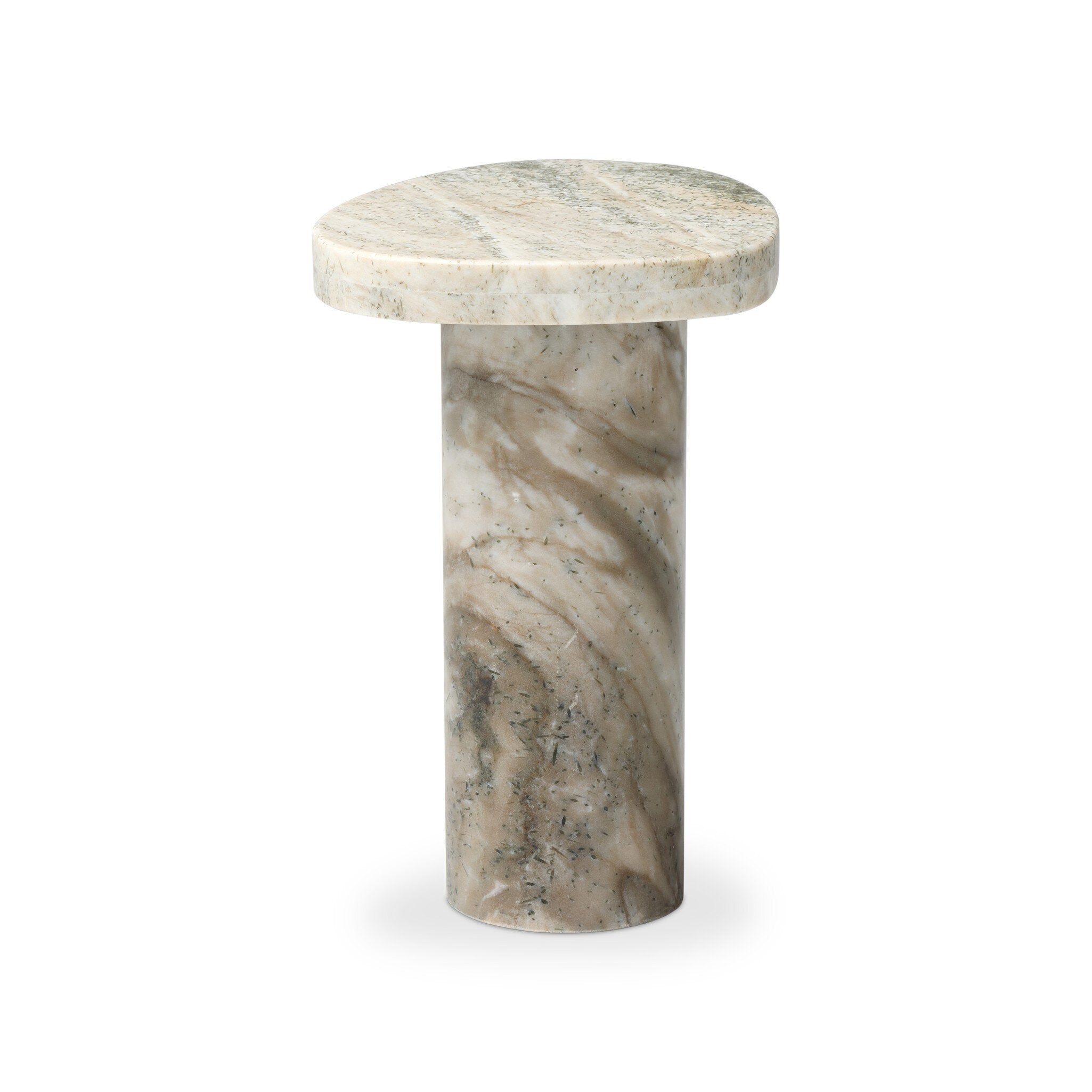 Stone side table with a round top and cylindrical base on a white background