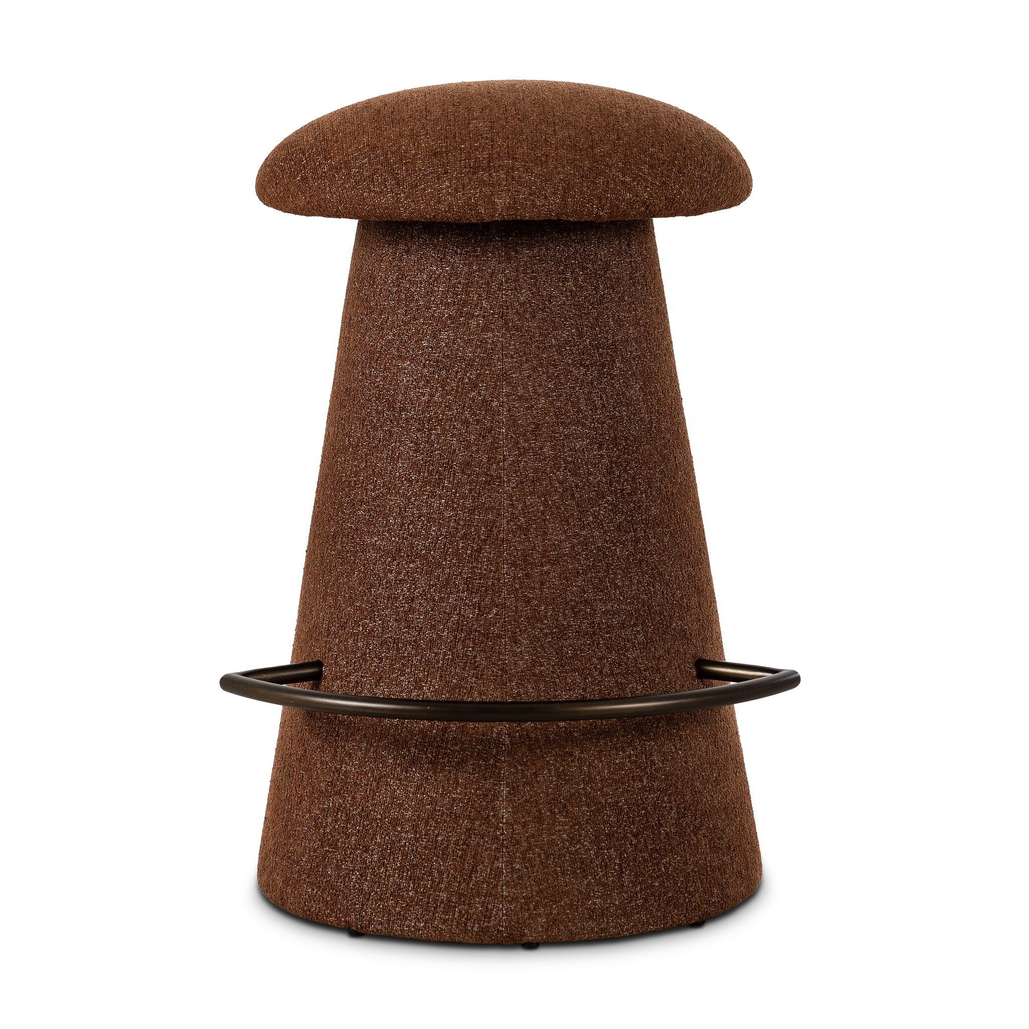 Brown textured counter stool with a circular seat on a white background