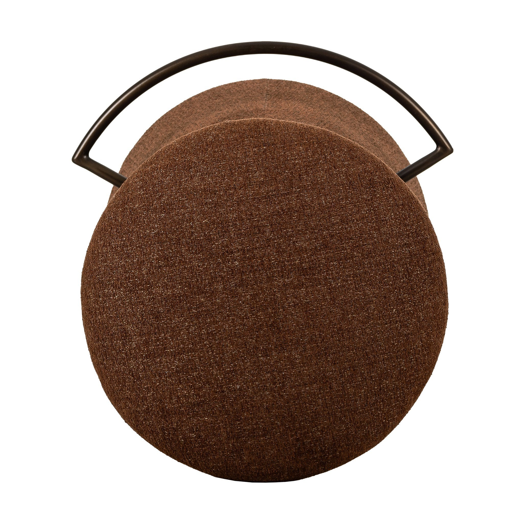 Top view of a round, brown counter stool with a bronze foot rest on a white background